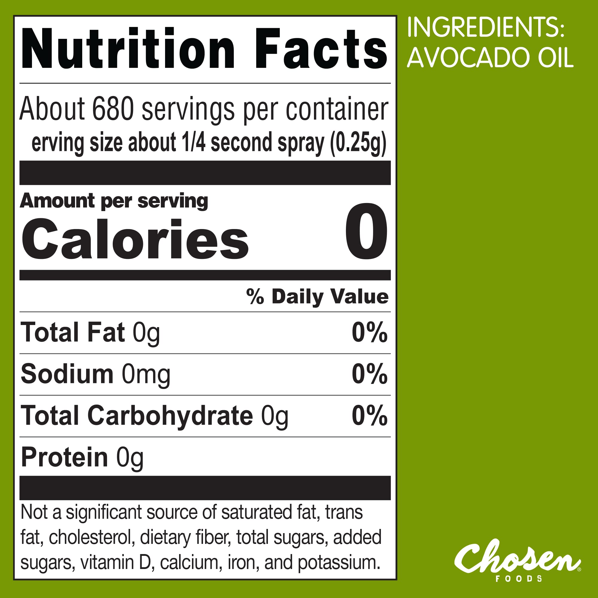 Chosen Foods 100% Pure Avocado Oil Spray, Keto Diet Friendly, Kosher Cooking Spray for Baking, High-Heat Cooking and Frying (6 oz, 2 Pack)