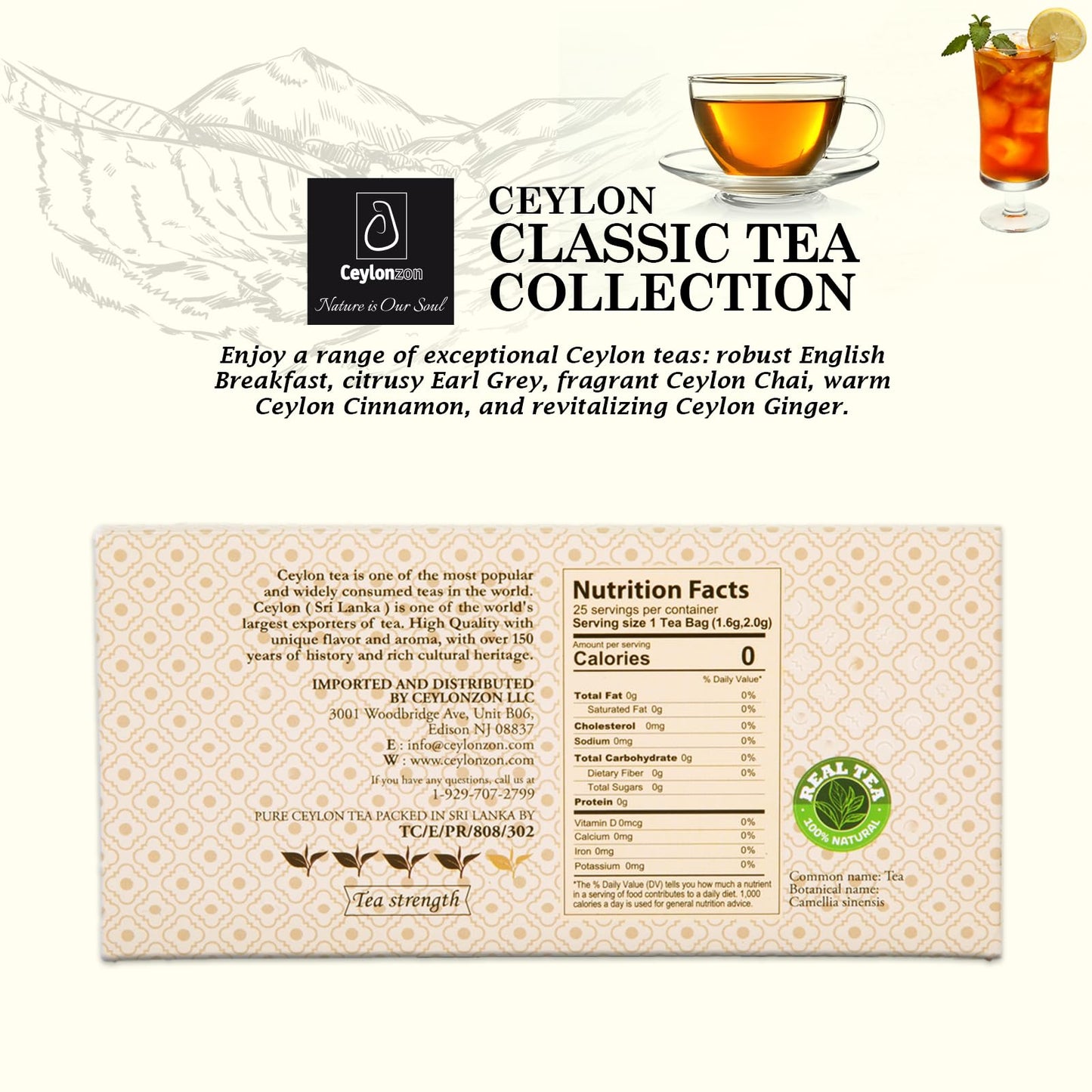Ceylonzon Variety Pack of 5 Flavor Premium Ceylon Tea Classic Taste 5 Tea Bags of Each Flavor, Cinnamon, Ginger, Chai, English Breakfast and Earl Grey