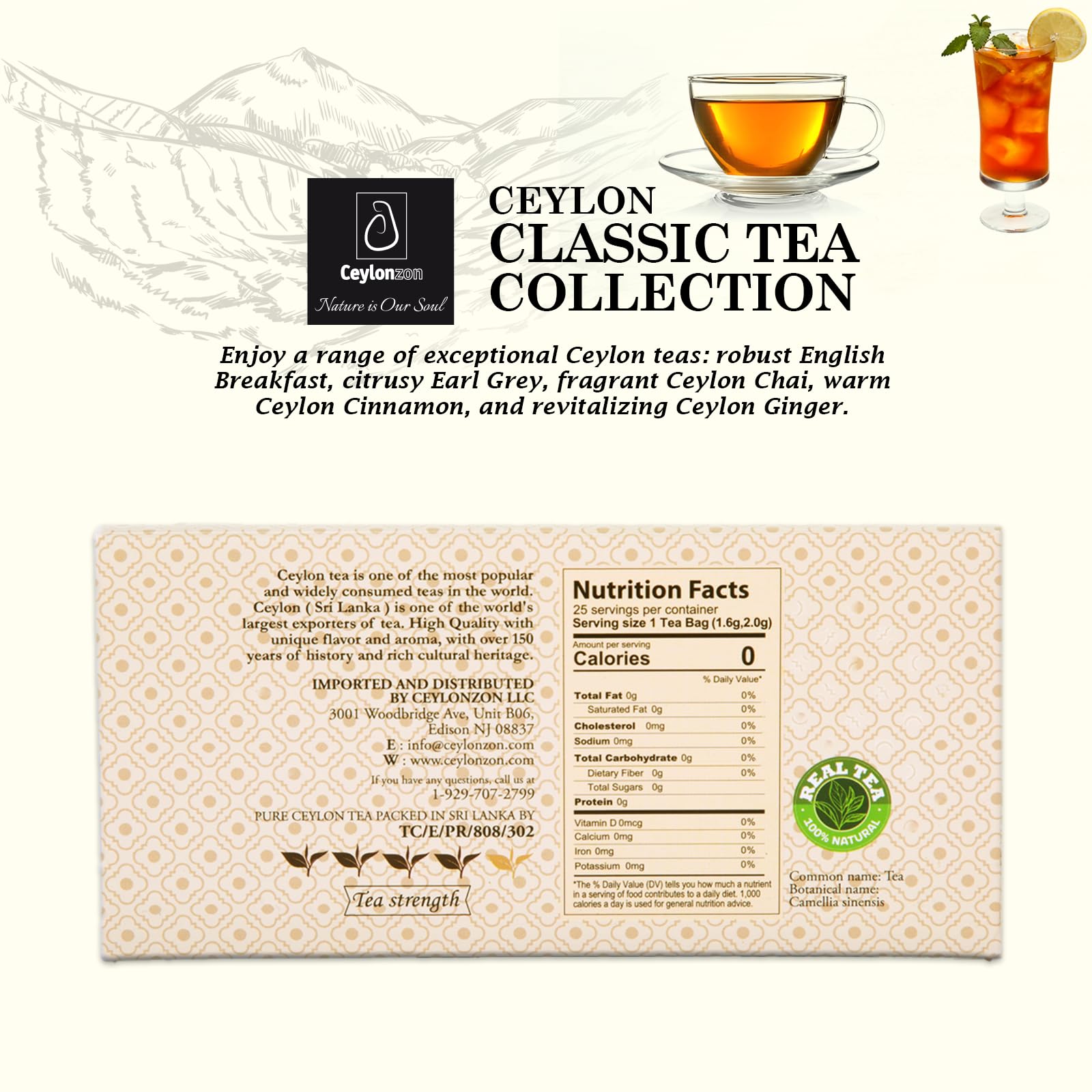 Ceylonzon Variety Pack of 5 Flavor Premium Ceylon Tea Classic Taste 5 Tea Bags of Each Flavor, Cinnamon, Ginger, Chai, English Breakfast and Earl Grey