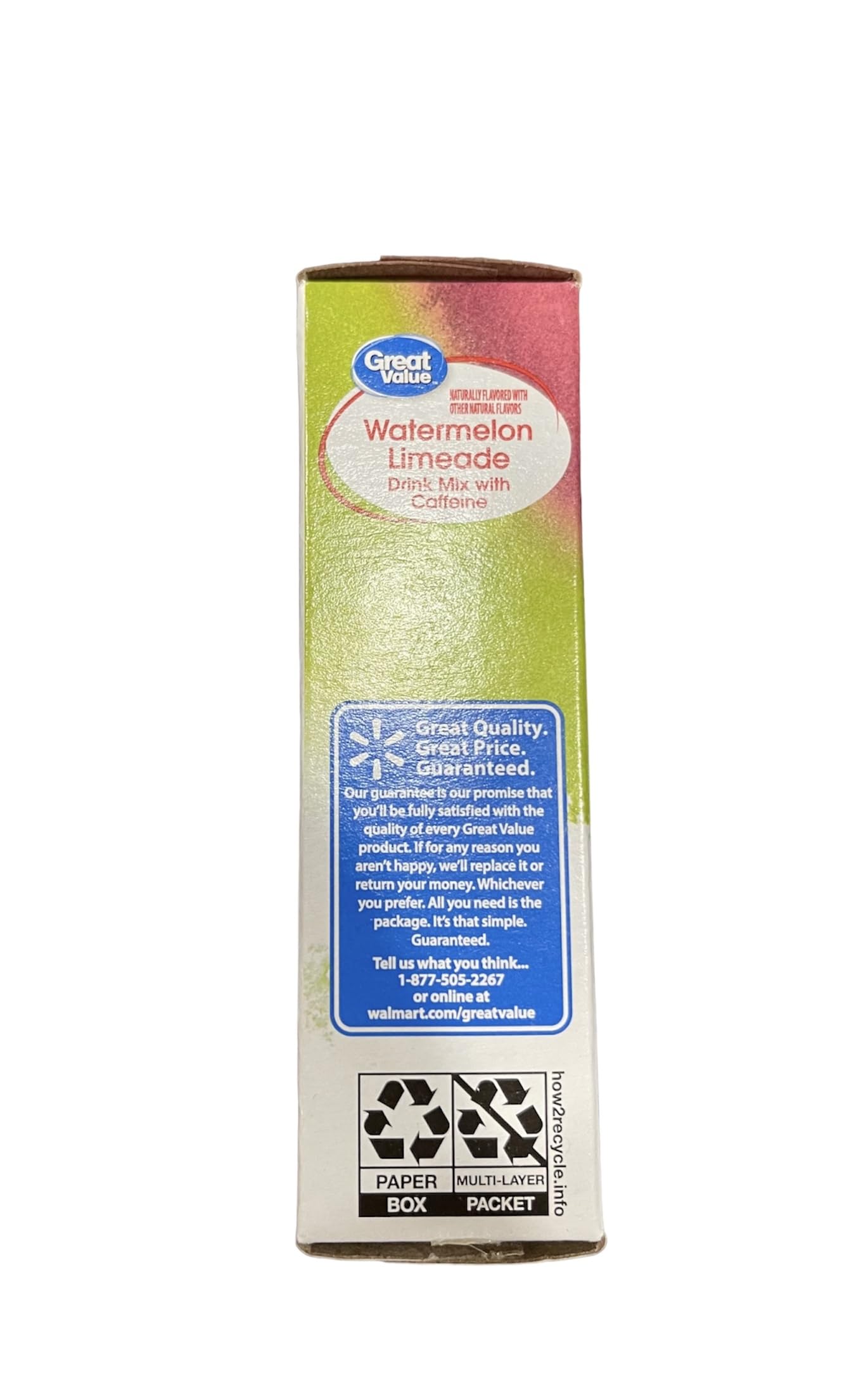 Great Value Watermelon Limeade Powdered Energy Electrolyte Drink Mix with Caffeine. 10 Packets Per Box. 3 Boxes. 30 Total Stick Packets