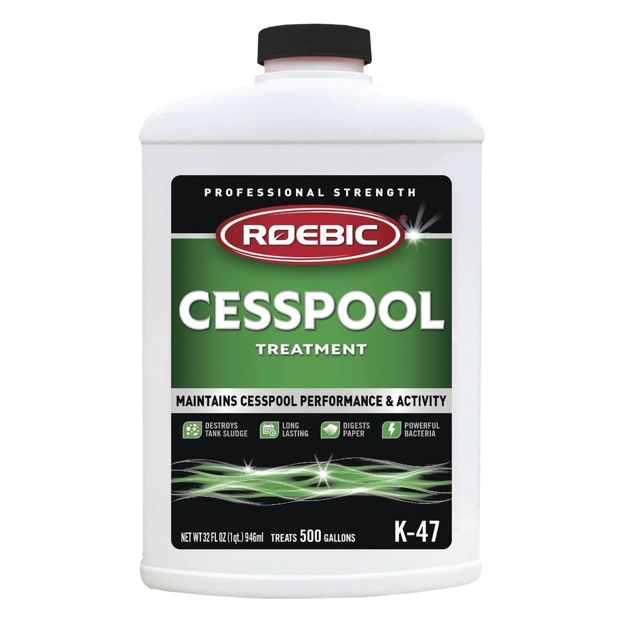 Roebic K-47-Q Cesspool Treatment: Prevents Clogging, Buildup, Exclusive Bacteria Digests Paper, Destroys Sludge - 32 Ounces, White/Green