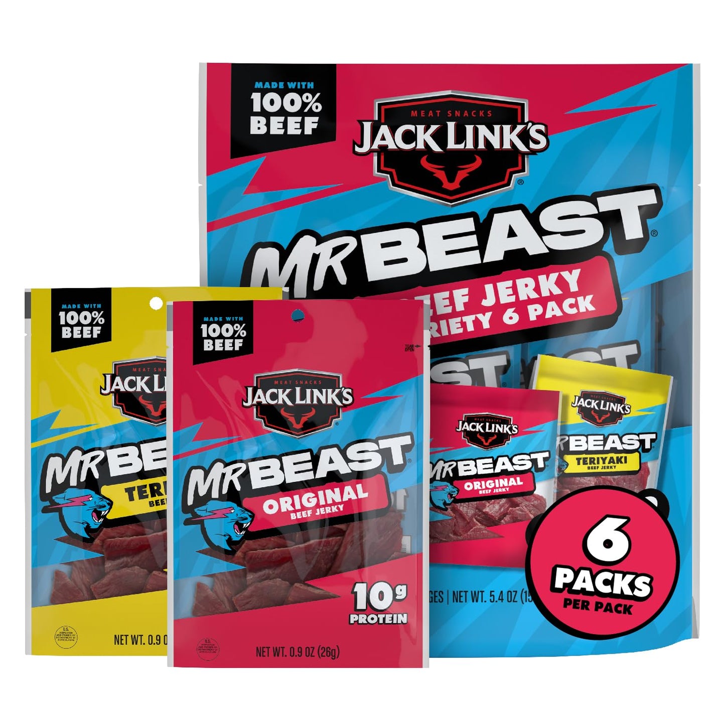 Jack Link's x MrBeast Beef Jerky, Original & Teriyaki Beef Jerky Variety Pack - (6 Pack) 0.9oz Bags - Up to 10g of Protein - Made with 100% Real Beef