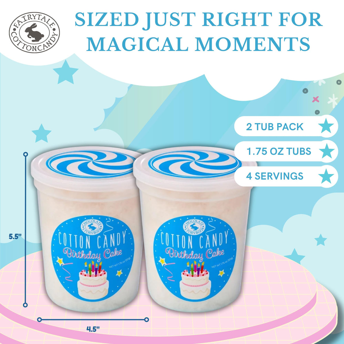 CHOCOLATE STORYBOOK Gourmet Flavored Cotton Candy - Unique Idea for Holidays, Birthdays, Gag Gifts, Party Favors (Birthday Cake, 1.75 oz Each, 2-Pack)