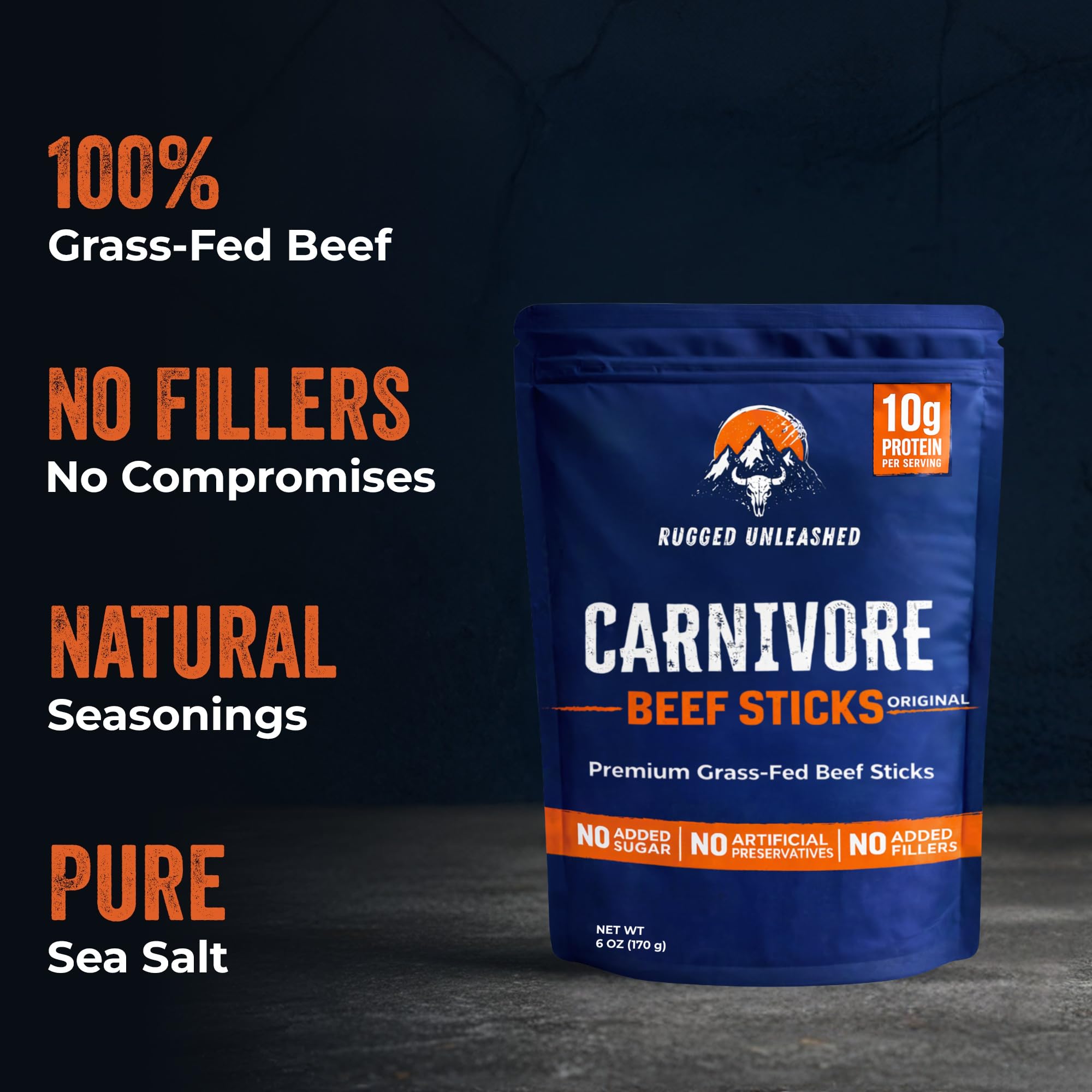 Rugged Unleashed Grass Fed Beef Sticks - Premium Carnivore Snacks With High Protein Meat Sticks, Savory Beef Jerky Snack Sticks, Carnivore Bar, No