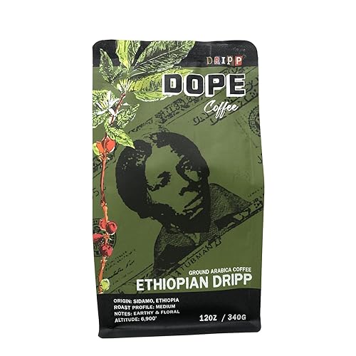 Dope Coffee, Ethiopian Dripp, Medium Roast, Ground Coffee 12oz, Sidamo Region 100% Arabica Coffee, 12oz
