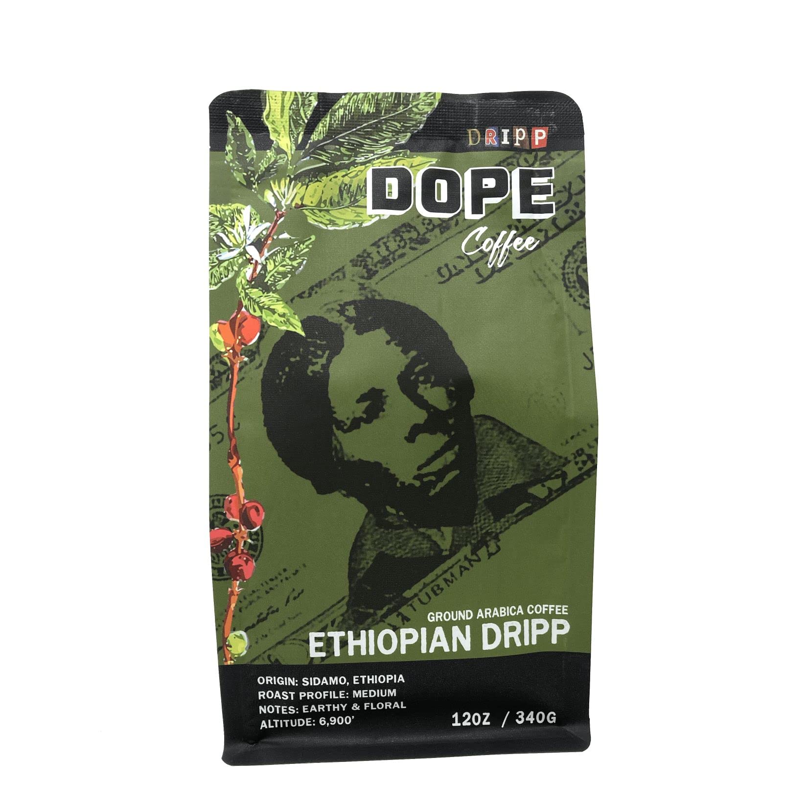 Dope Coffee, Ethiopian Dripp, Medium Roast, Ground Coffee 12oz, Sidamo Region 100% Arabica Coffee, 12oz
