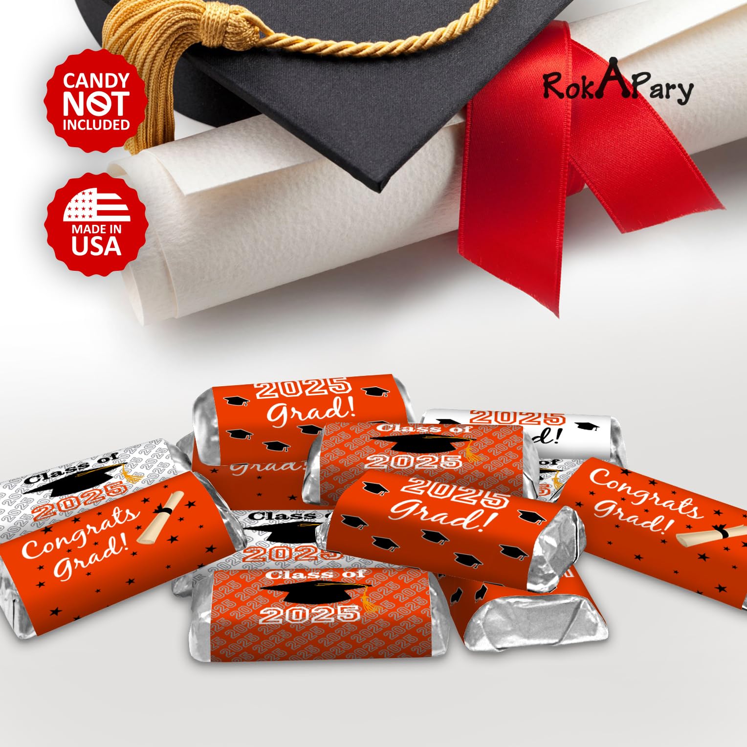 60 New Graduation Cap Party Class of 2026 Miniatures Candy Bar Wrapper, Mini Candy Chocolate Bar Stickers, Labels, Candy Not Included, Color Orange