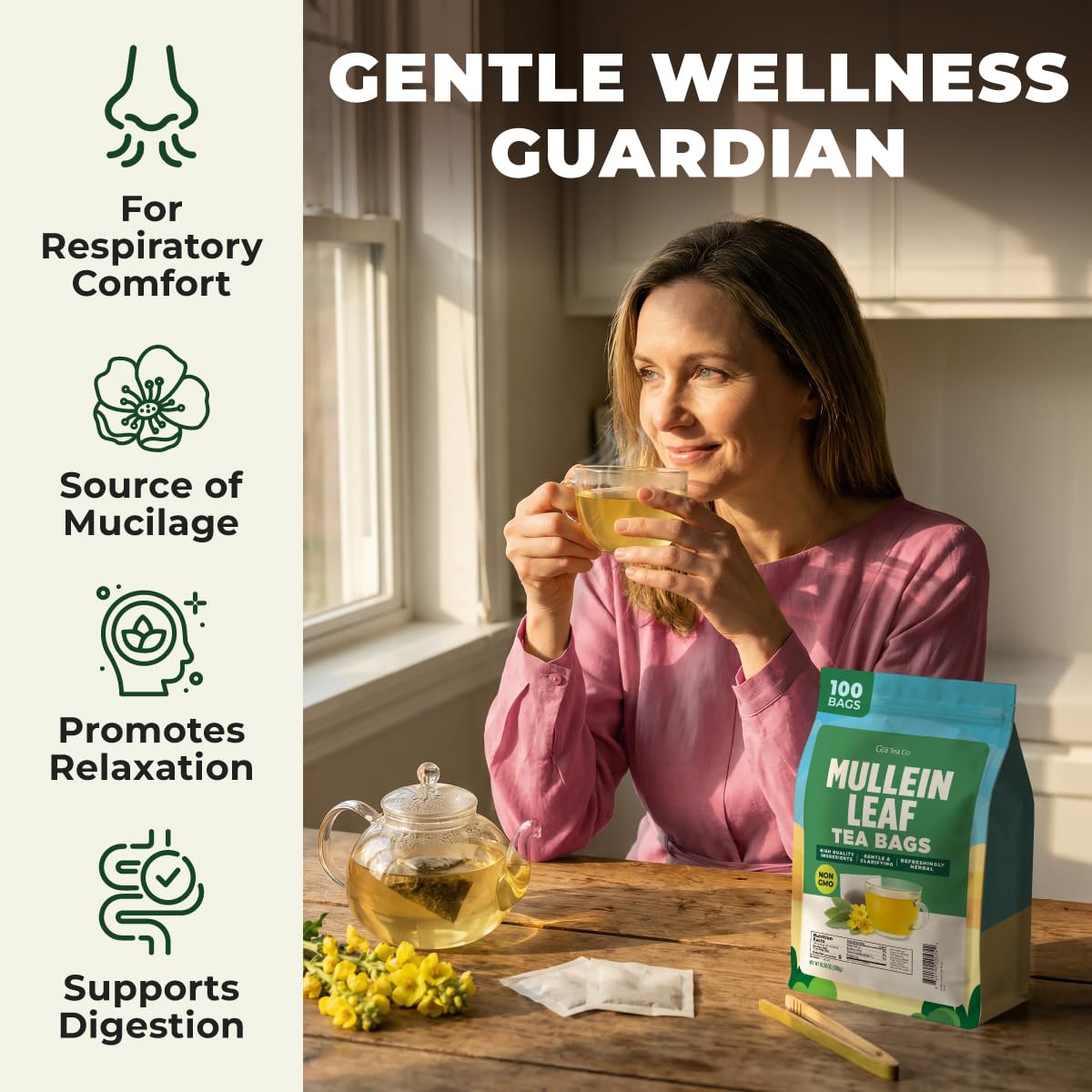Gya Tea Co Mullein Leaf Tea Bags for Lungs (100 Bags) - Caffeine Free Mullein Herbal Tea for Health & Respiratory Wellness Support - No Additives