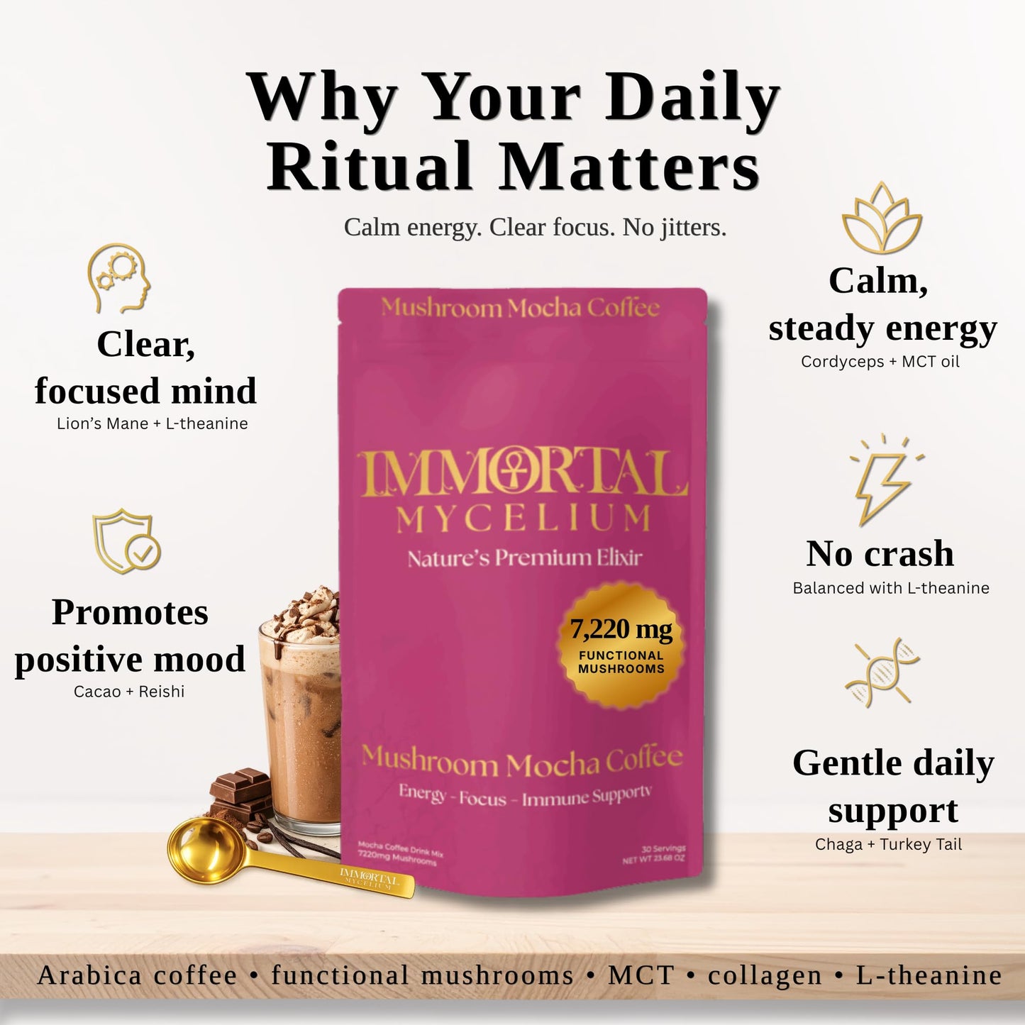 Immortal Mycelium Mushroom Mocha - Arabica Coffee with Lion’s Mane, Cordyceps, Reishi, Turkey Tail & Chaga - Adaptogenic Mocha Coffee Alternative - 15