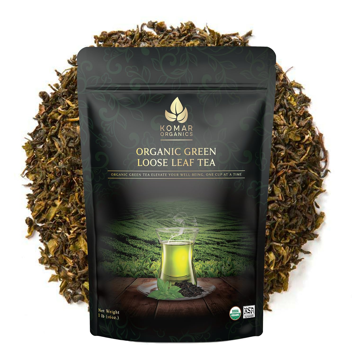 Komar Organics Loose Leaf Green Tea - 16Oz USDA Organic for Energy Boost, Antioxidants - Certified Kosher Delicate Flavor Assam Tea Organic Tea Leaves