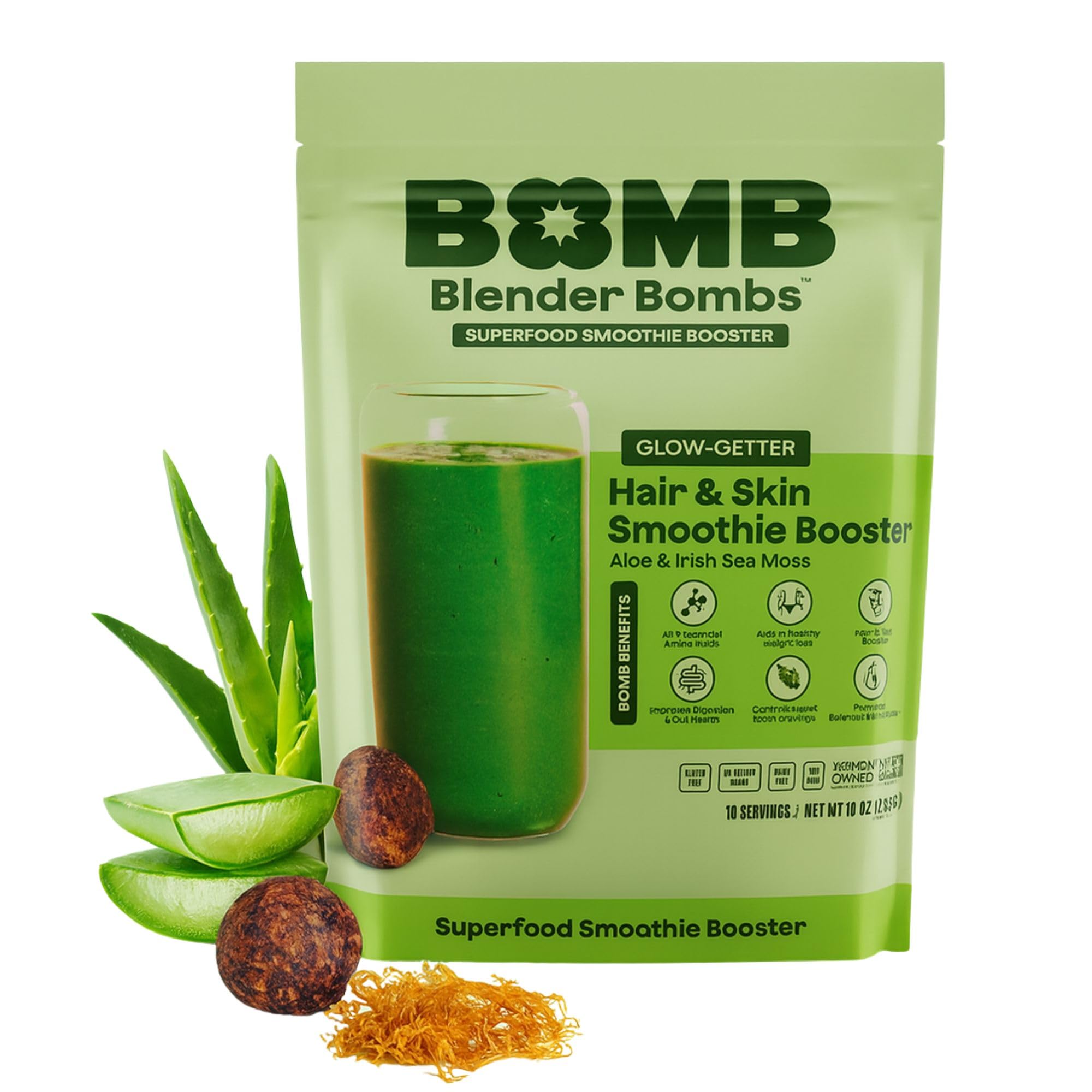 The Bomb Co. Blender Bomb, Glow Getter, Superfood Smoothie Mix with Flax, Hemp, Irish Sea Moss, & Amino Acids for Hair & Skin Support, Gluten Free