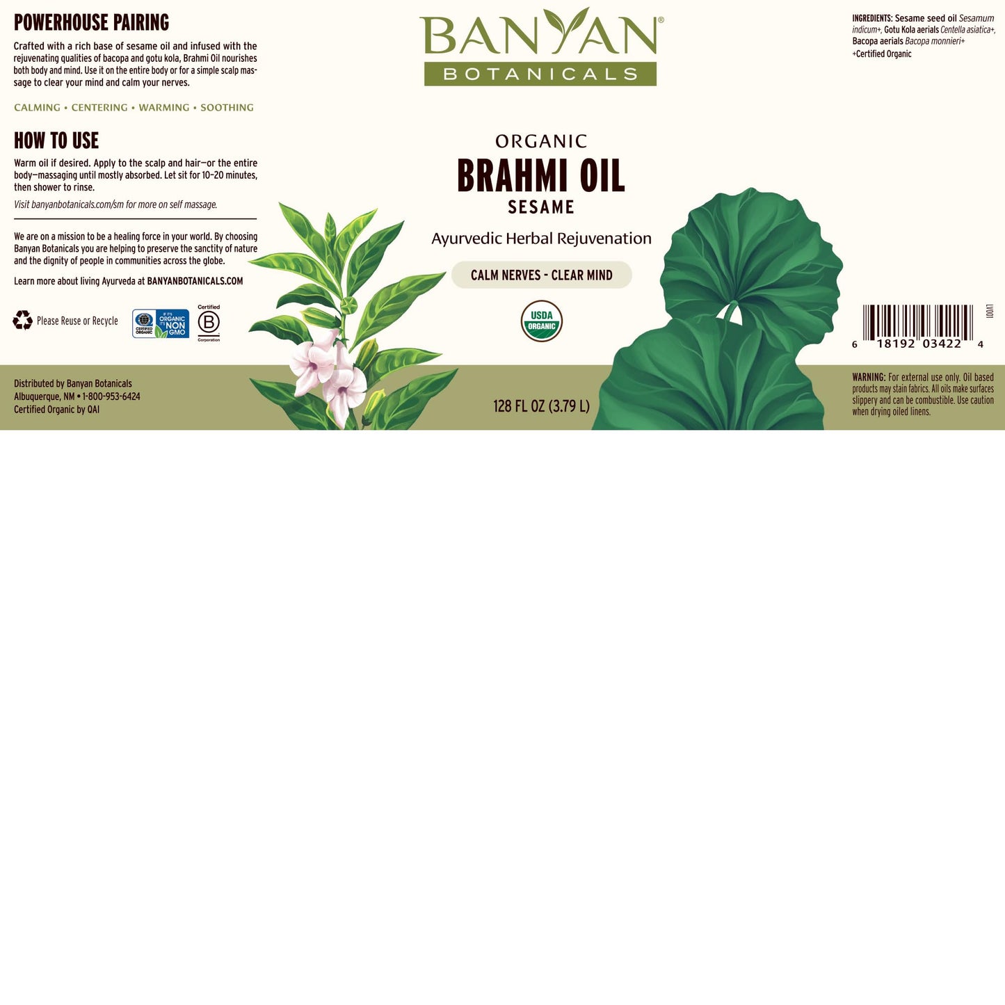 Banyan Botanicals Brahmi Oil with Sesame - Organic Ayurvedic Massage Oil with Gotu Kola & Bacopa - Calming Massage Oil for Focus & Relaxation - 128 oz