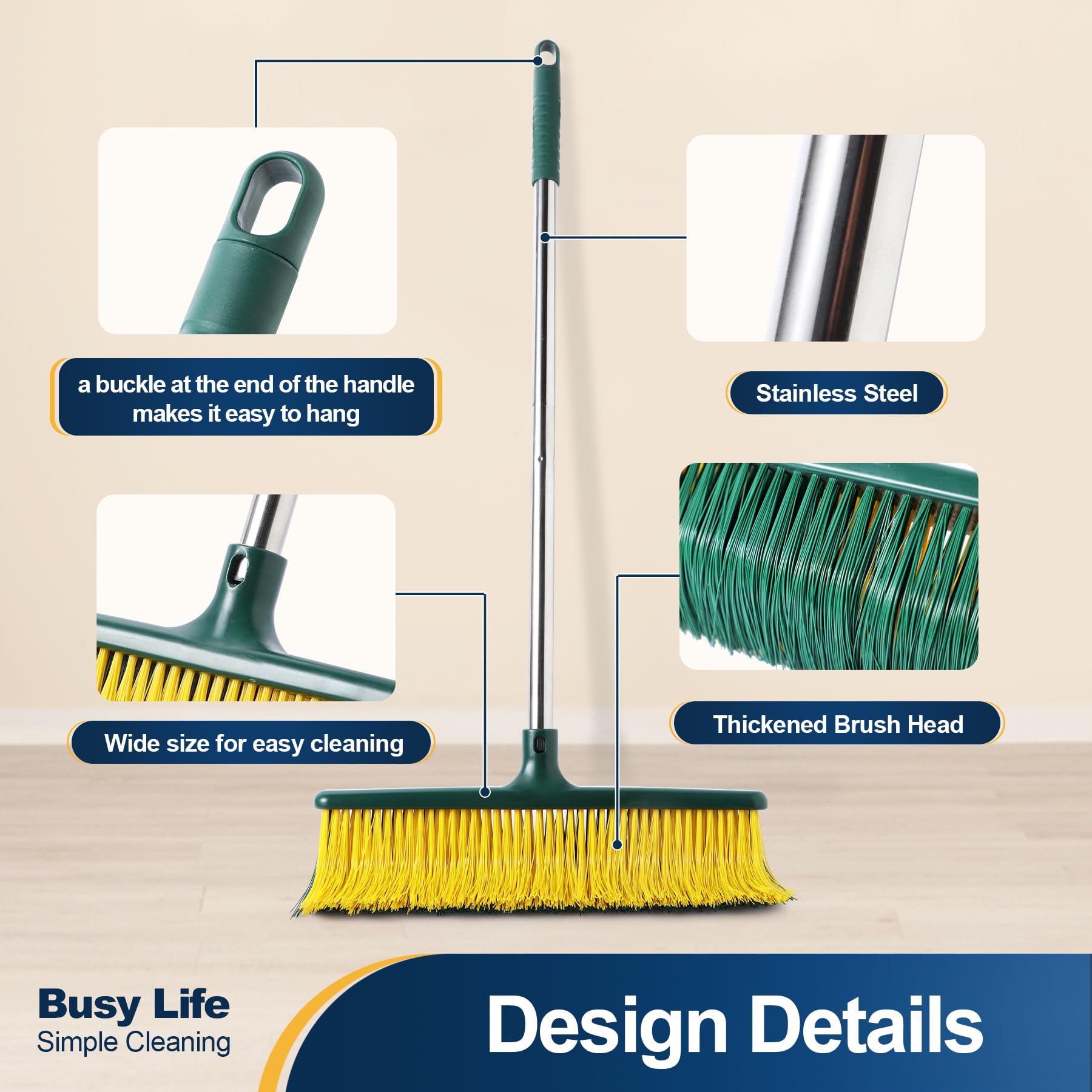 Yocada Heavy Duty Outdoor Broom Commercial Broom Garden Leaf Rake with Curved Bristles Adjustable Long Handle Indoor Outdoor for Yard Deck Garden