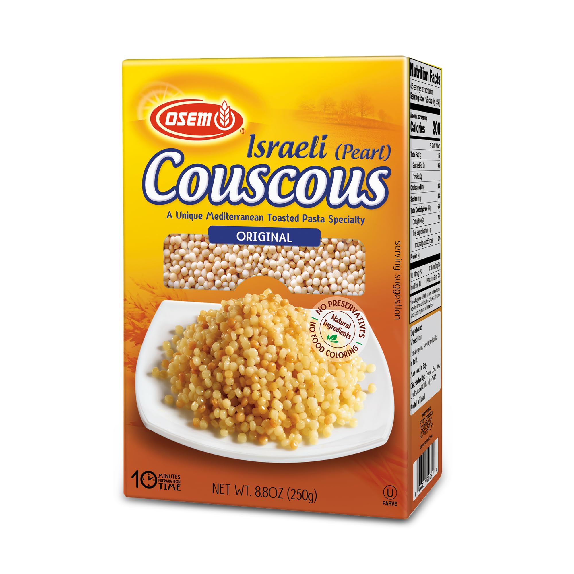 Osem Israeli Pearl Couscous - Wheat Couscous Pearls, Cous Cous, Pearled Mediterranean Pasta Alternative, Original Plain, Kosher Parve - 8.8 oz Box