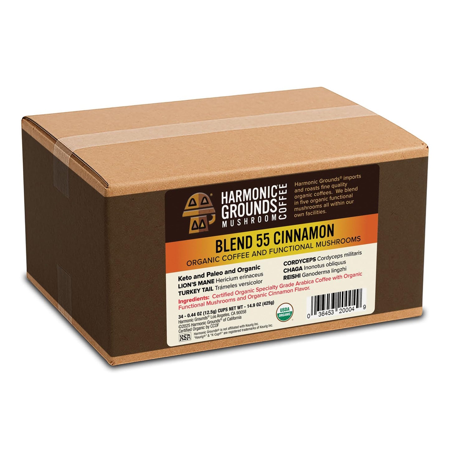 Harmonic Grounds Organic Mushroom Coffee Pods - Cinnamon Flavored Medium Roast with Lion's Mane, Reishi, Chaga, Cordyceps & Turkey Tail - Compatible