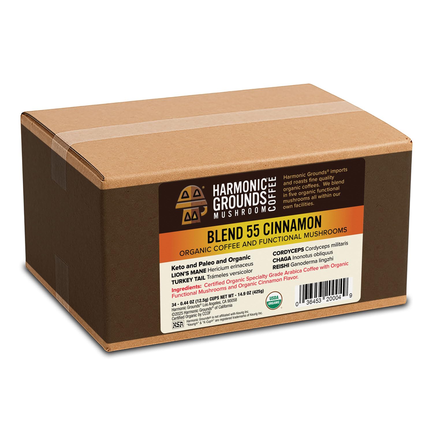 Harmonic Grounds Organic Mushroom Coffee Pods - Cinnamon Flavored Medium Roast with Lion's Mane, Reishi, Chaga, Cordyceps & Turkey Tail - Compatible