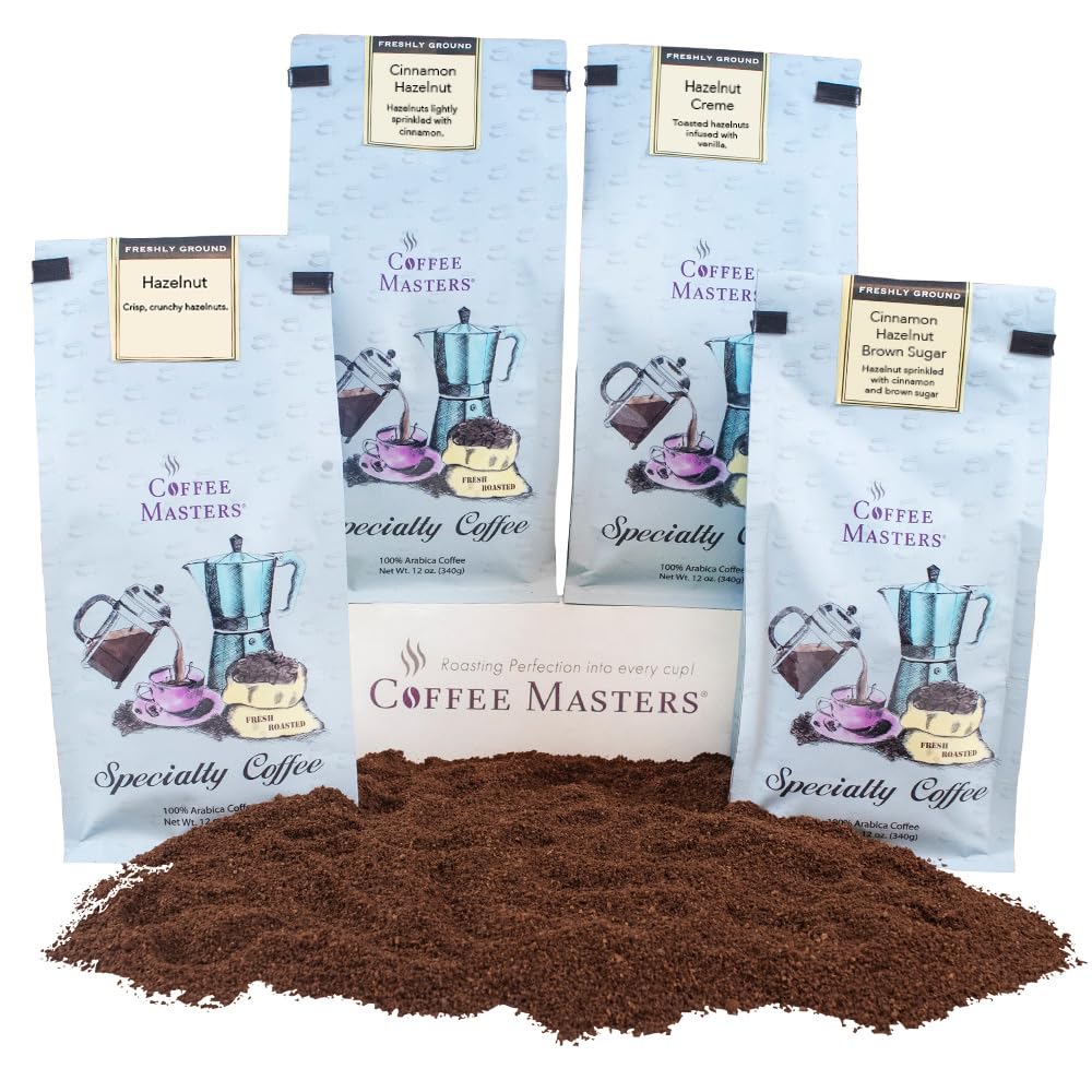 Coffee Masters Ground Coffee Sampler, Hazelnut, Cinnamon Hazelnut, Hazelnut Creme and Cinnamon Hazelnut Brown Sugar, 48 Ounce