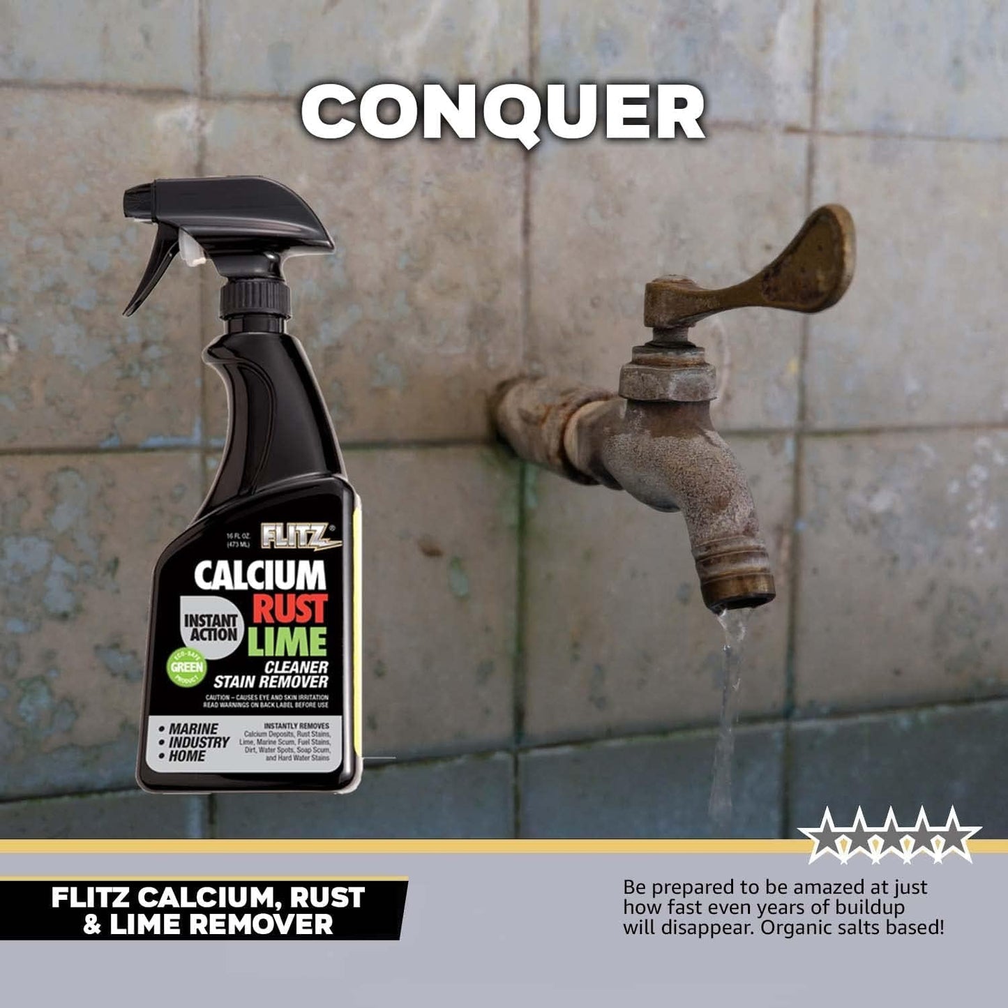FLITZ Calcium, Rust, & Lime Remover - 16oz Bottle of USA-Made Limescale Remover for Toilets, Showers, and More - Powerful Spray that Instantly