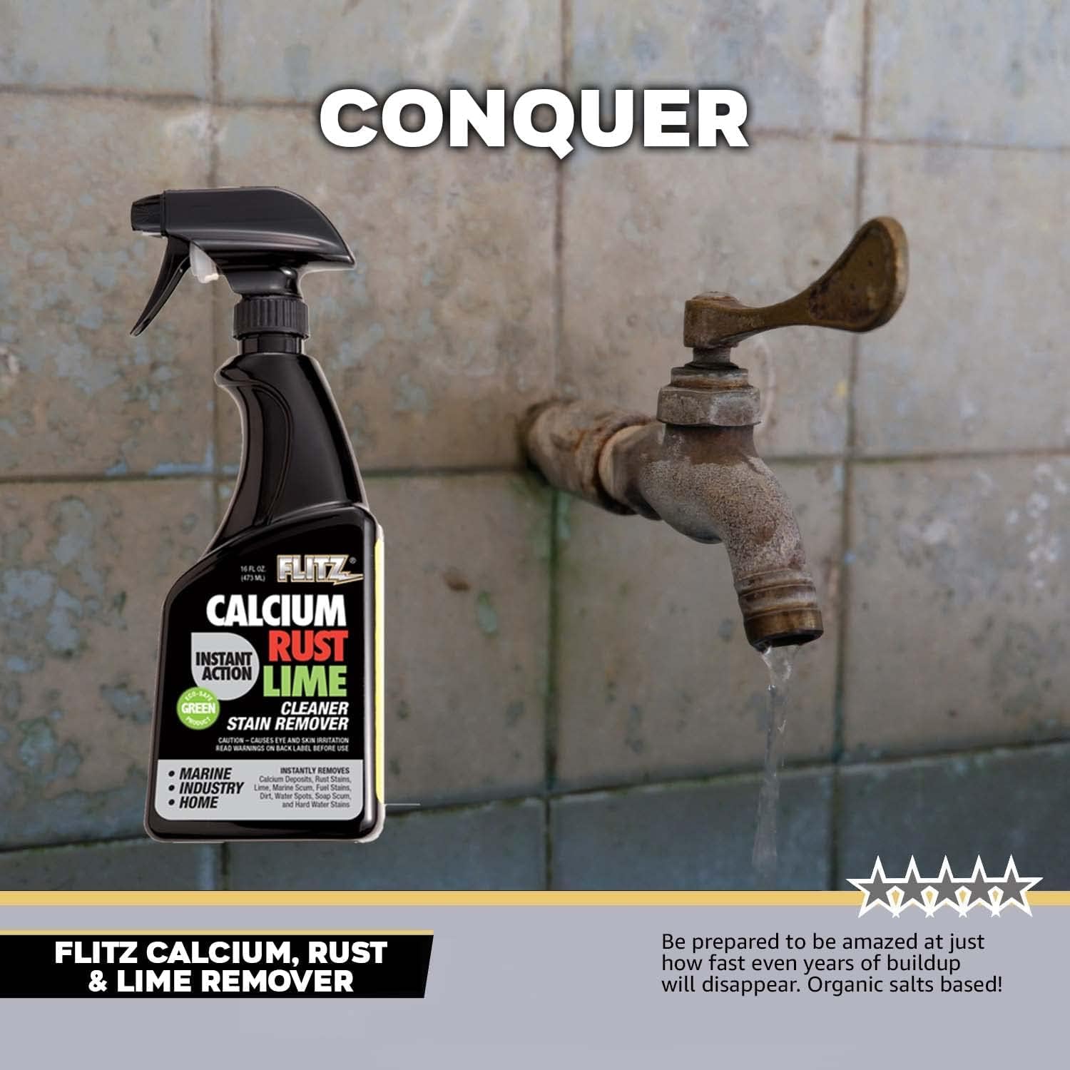 FLITZ Calcium, Rust, & Lime Remover - 16oz Bottle of USA-Made Limescale Remover for Toilets, Showers, and More - Powerful Spray that Instantly