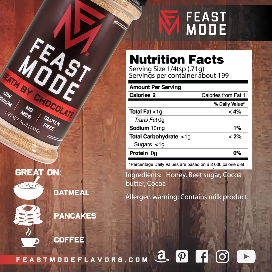 NEW! Death By Chocolate - Feast Mode Flavors - Low Sodium, No MSG, Gluten Free, All Natural, Meal Prep Seasoning, Cocoa, Cocoa Butter, Honey, Sweet