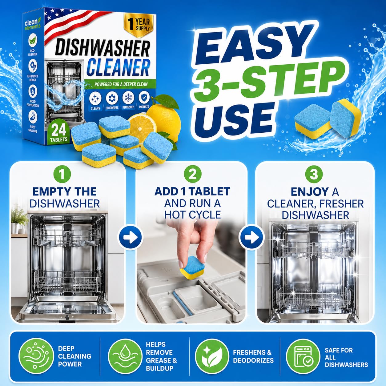 Dishwasher Cleaner Deodorizer Tablets, 24 Pack Dishwasher Cleaning Tablets Descaler Pods for Limescale, Calcium & Hard Water Stains, Lemon Dishwasher