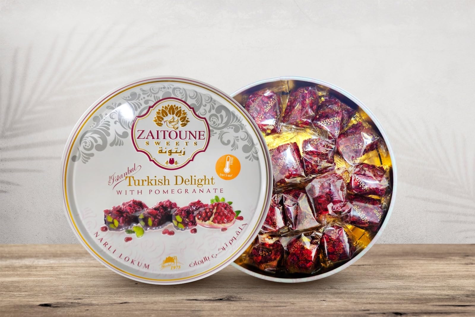 Zaitoune Pomegranate Covered Turkish Delight - 9 oz | Stuffed with Pistachios & Cashews | Coated with Dried Pomegranate Seeds | Authentic Lokum Sweets