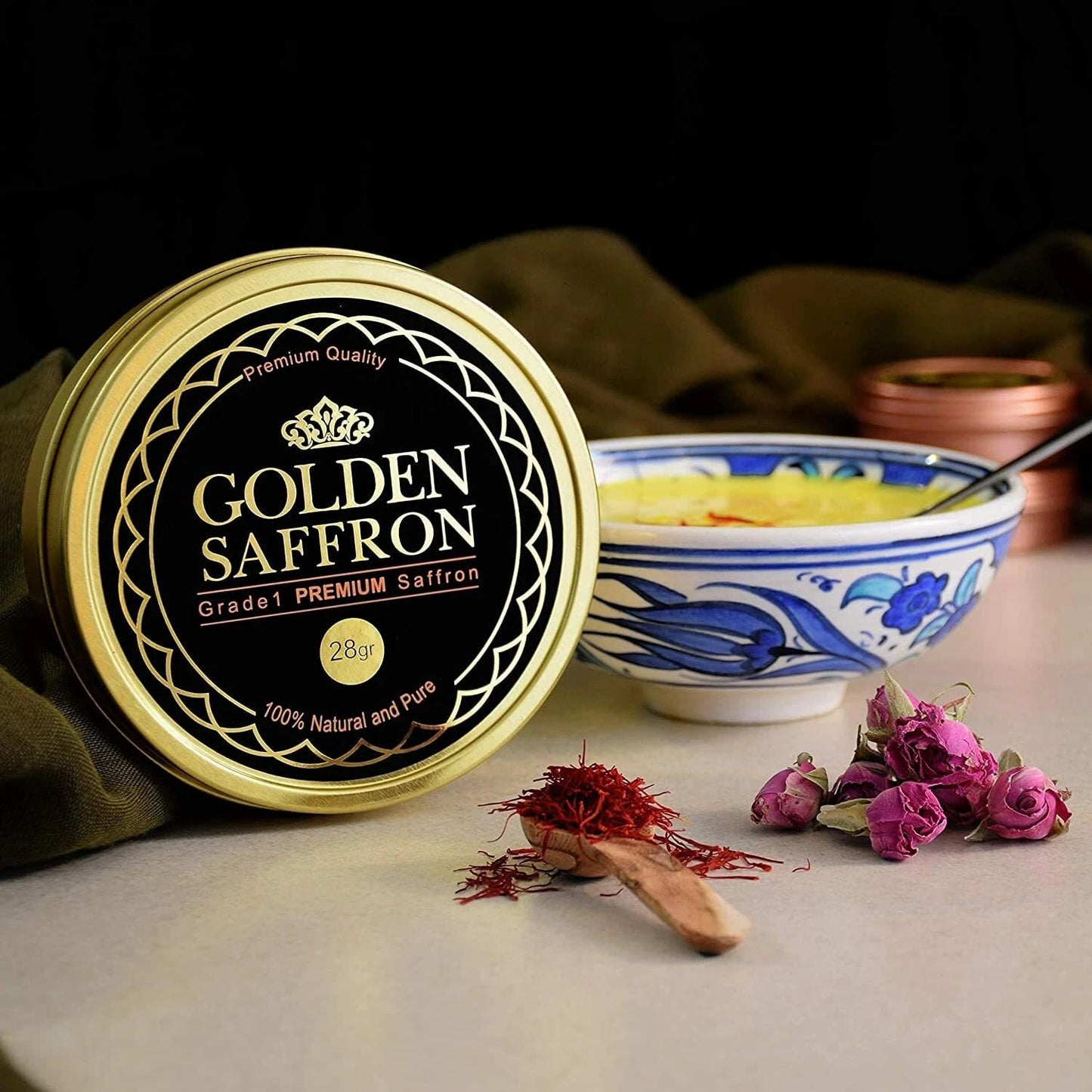 Golden Saffron, Finest Pure Premium All Red Saffron Threads, Grade A+ Super Negin, Non-GMO Verified. For Tea, Paella, Rice, Desserts, Golden Milk
