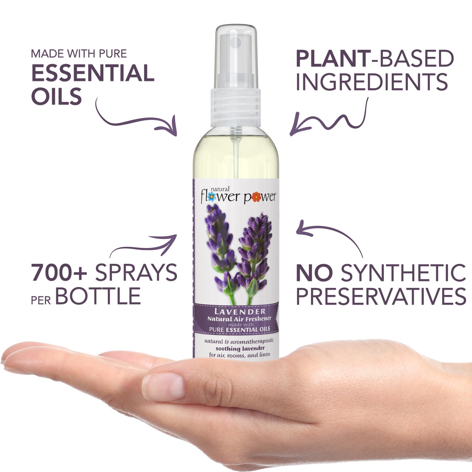 Natural Flower Power Air Freshener Spray - Odor Eliminator with Essential Oils for the Home, Car & Fabric - Cruelty Free & Vegan - 3 Pack - Lavender