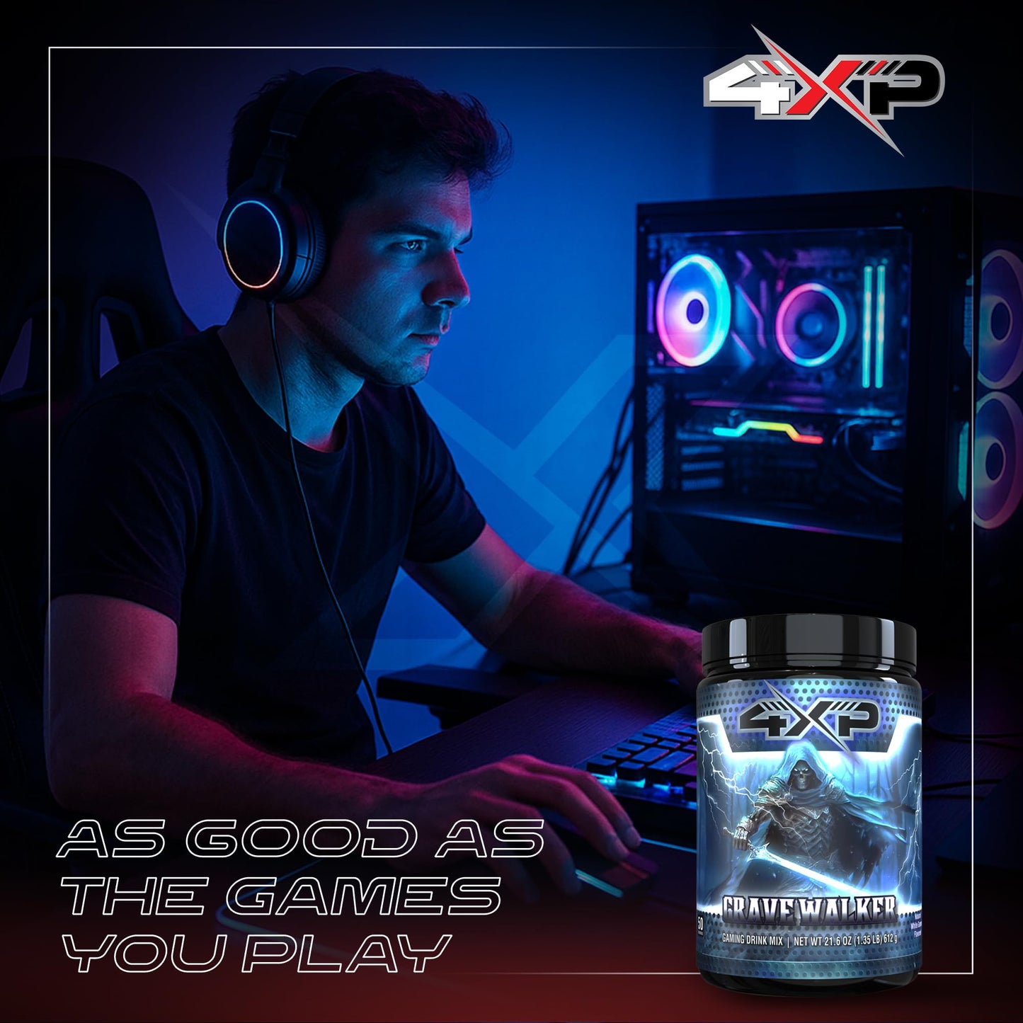 4XP Gravewalker White Gummy Gaming Energy Drink Mix| Low-Caffeine Nootropic Powder with B Vitamins & White Gummy Flavor for Gamers | 50-Serving
