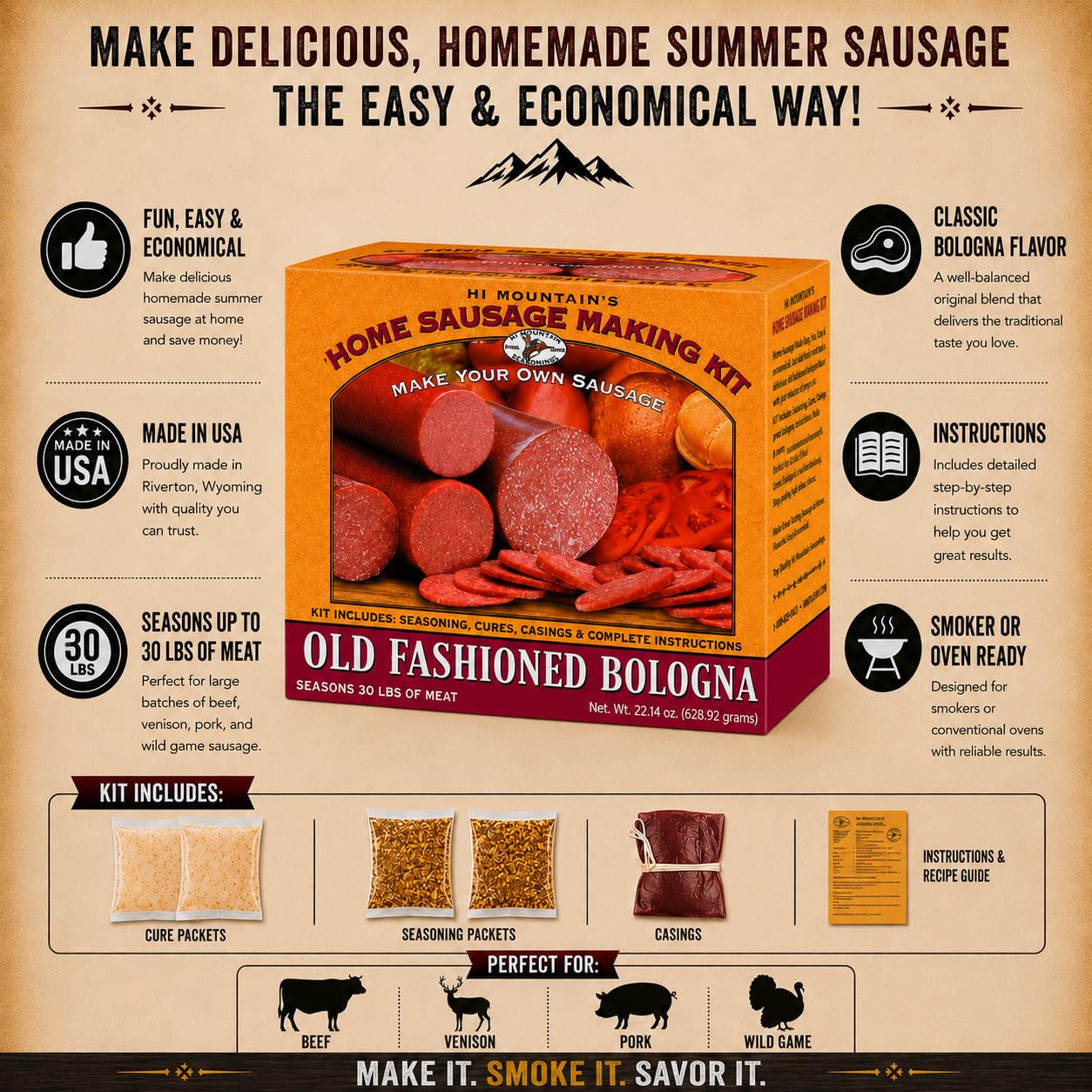 Hi Mountain OLD FASHIONED BOLOGNA Seasoning Kit | Seasoning, Cure & 10 Fibrous Casings Included| Make Homemade Bologna with Beef, Pork, & Venison |