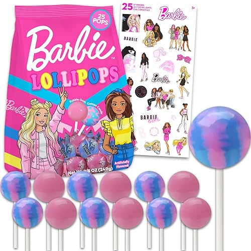 Barbie Party Supplies Lollipops Bulk - 25 Pack Individually Wrapped Party Favor Bag of Hard Candy Suckers Sweets Treats, Pinata, Stickers - Assorted