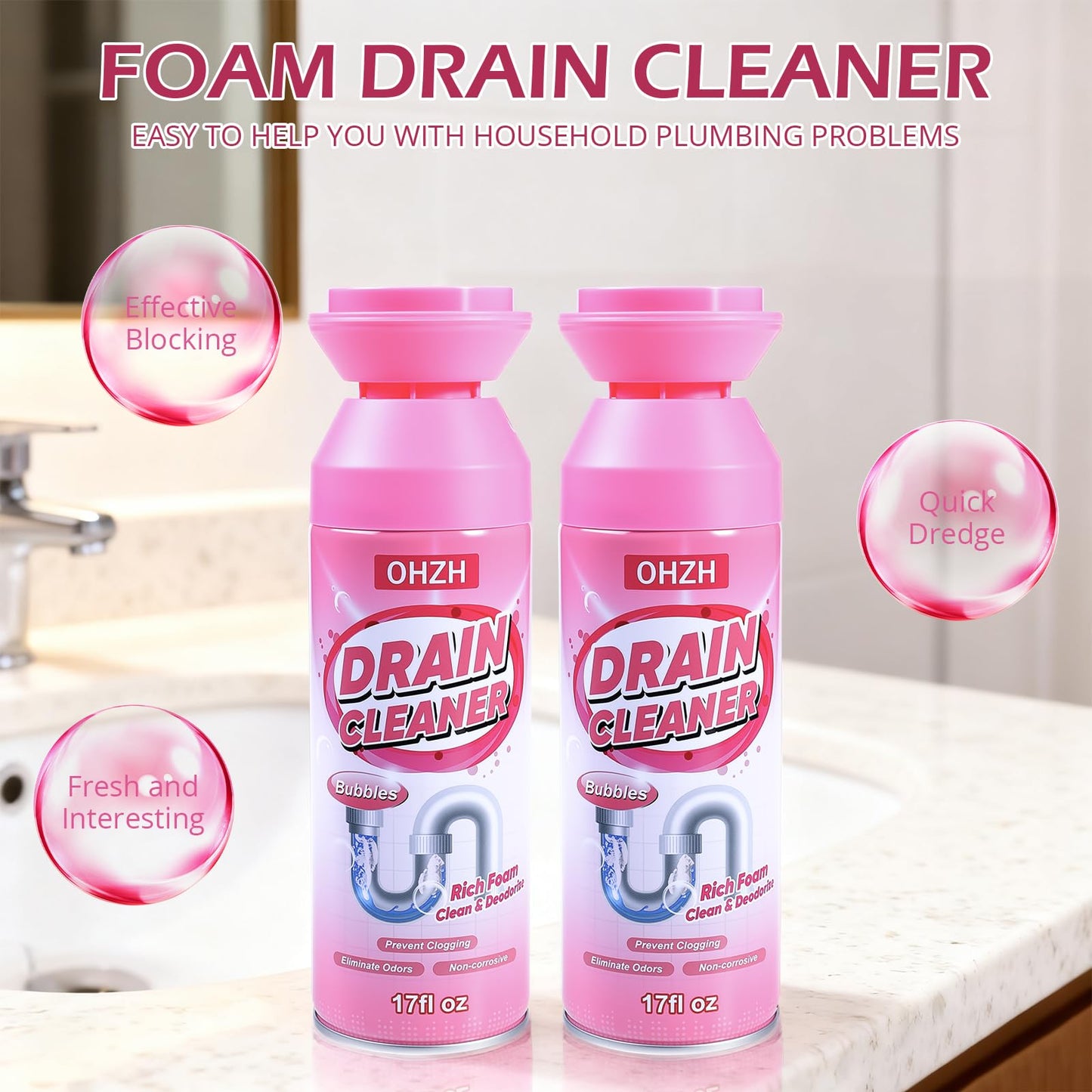 Foaming Drain Cleaner,Drain Clog Remover -Sink Cleaner and Deodorizer,Foaming Cleaners for Kitchen, Sinks, Shower Drains,Tub (2pcs)