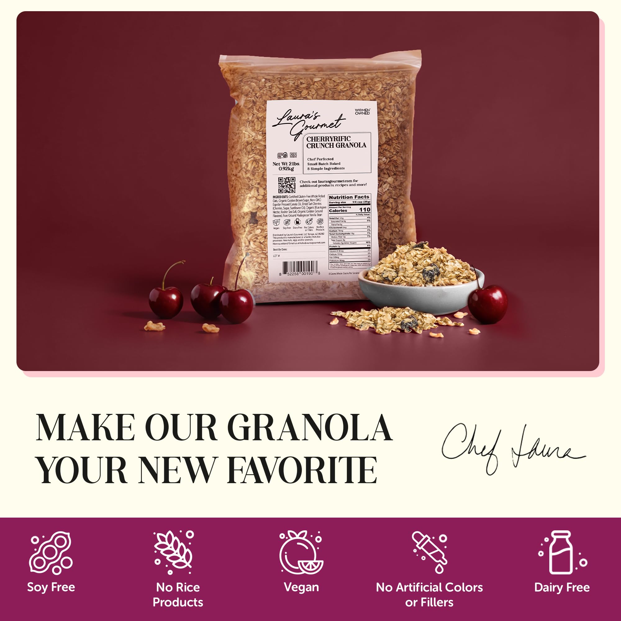 Laura's Gourmet Granola CherryRific Crunch, 2 lb, Gluten-Free Oats, Vegan, Dairy & Soy Free Snack, Organic Agave, Tart Cherries & Flaxseed, Artisan