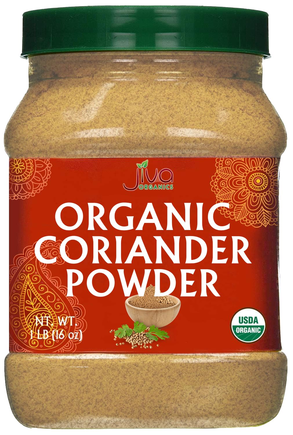 Jiva Organic Coriander Powder 1 Pound Large Jar (16oz) - Pure, Non-GMO, Lab Tested, 100% Raw Ground Coriander from India