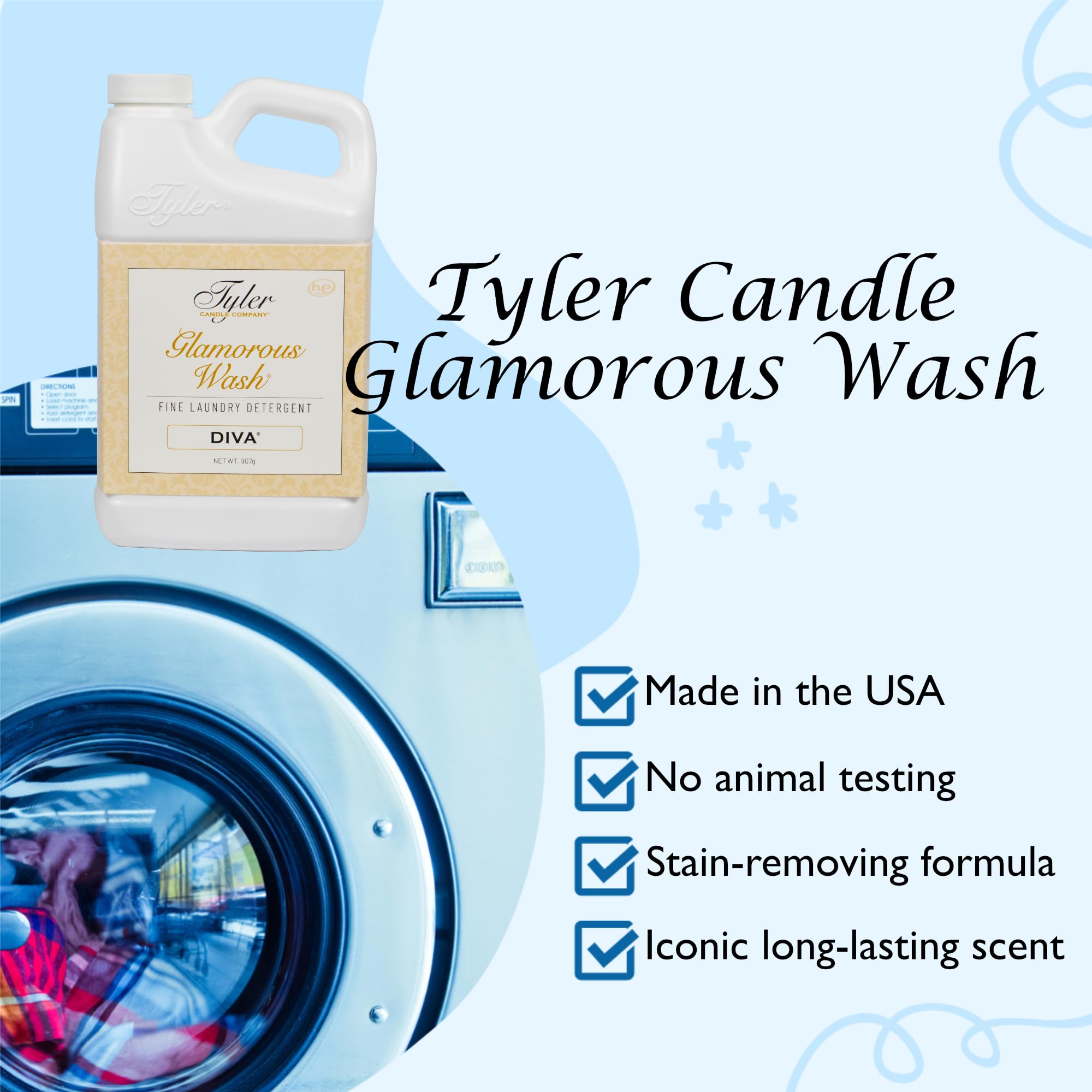 Tyler Candle Laundry Detergent Glamorous Wash, Diva 32 oz Bundle with Tyler Candle Mixer Melts, Autoglam Freshener, and Stain Remover Pen, (32111)