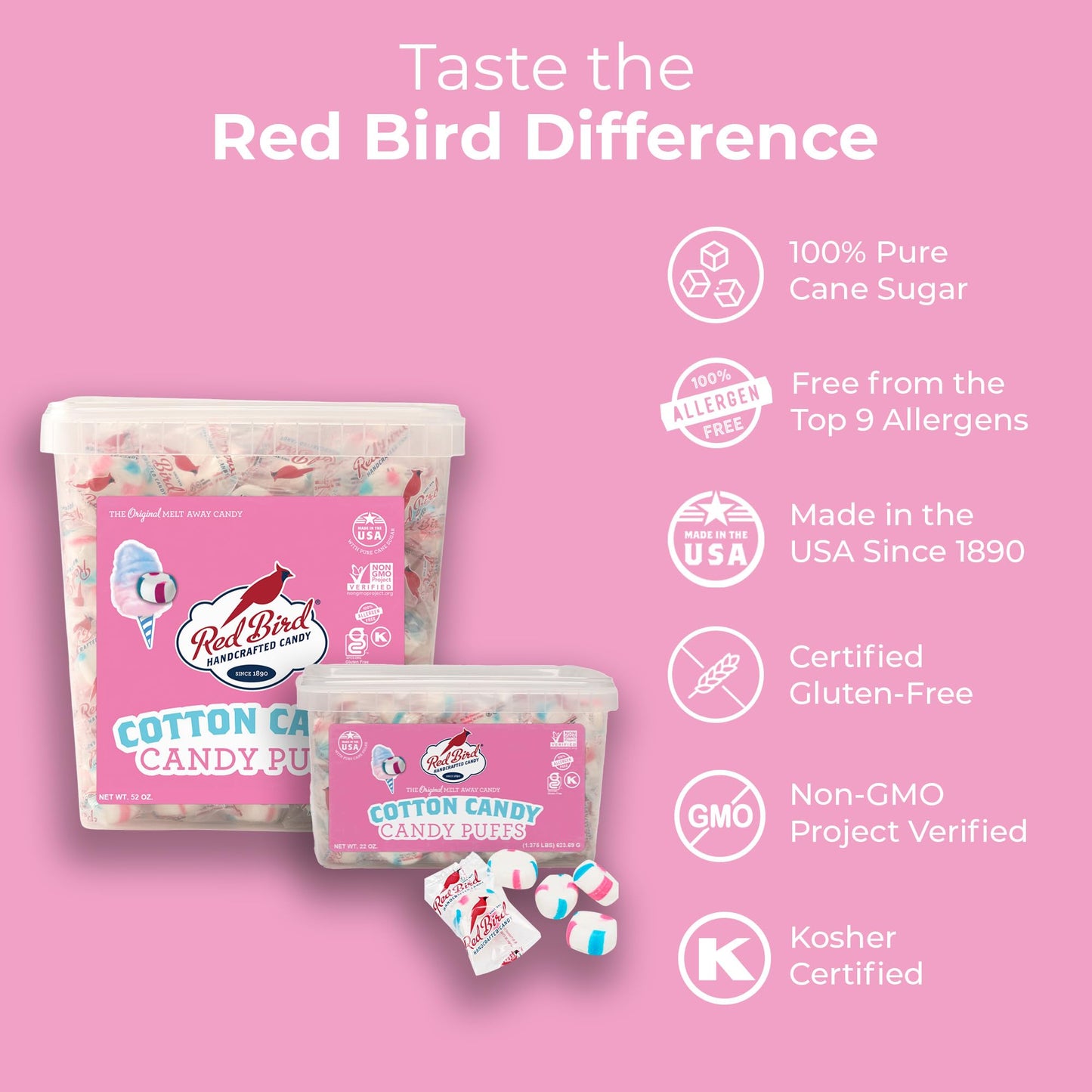 Red Bird Cotton Candy Flavored Candy, Puff Mints Individually Wrapped, 52 oz Tub