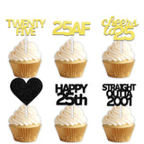 18pcs Black Gold Glitter Dessert Cupcake Pick for Straight Outta 2001 Cheer to 25 Years Old Theme Decor Supplies Happy 25th Birthday Party Decoration
