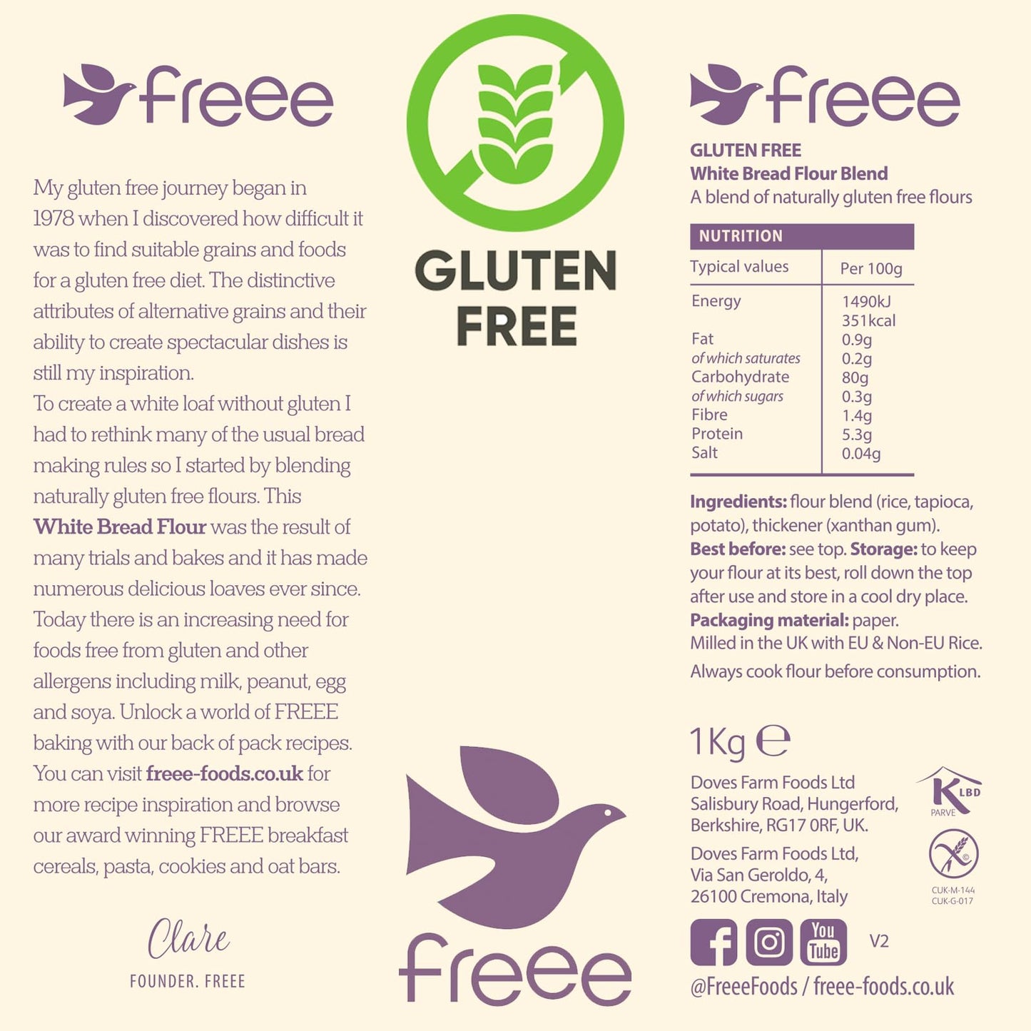freee Gluten Free White Bread Flour 2.2 lb / 1 kg (Pack of 5) | Premium GF Flour Blend for Baking Breads, Sourdoughs, Rolls & Buns | Xanthan Gum |