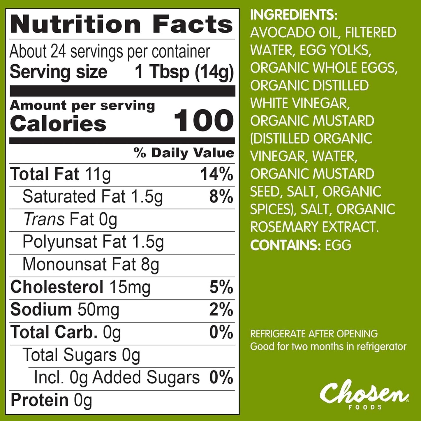 Chosen Foods Classic Mayo, 12 Fl Oz - 100% Pure Avocado Oil-Based Mayonnaise - Non-GMO, Gluten-Free, Keto Friendly - 355mL Glass Jar (Pack Of 1)