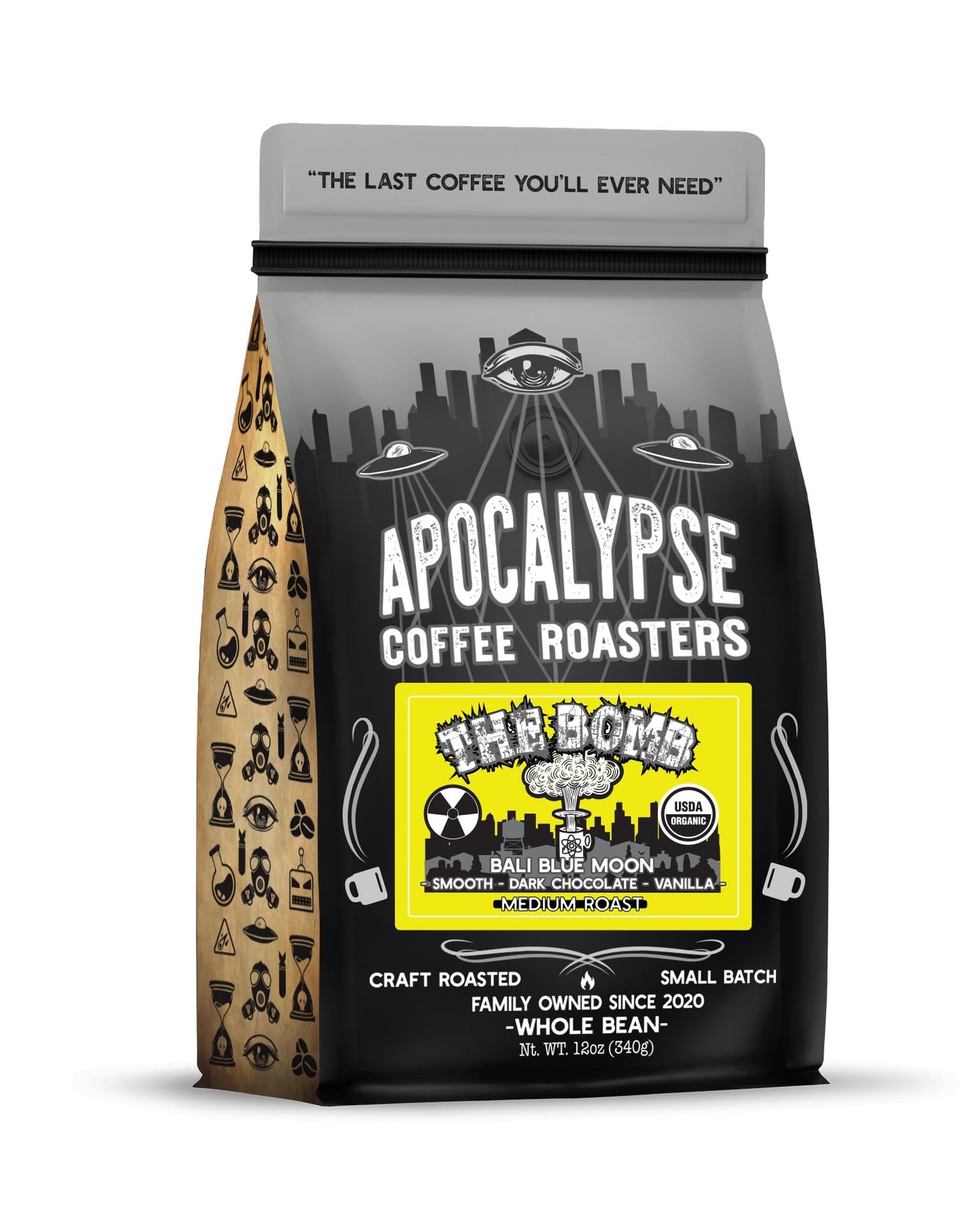 Apocalypse Coffee Roasters - The Bomb - Organic Whole Bean Coffee - Craft Roasted Bali Blue Moon Blend - Medium Roast - Smooth, Dark Chocolate
