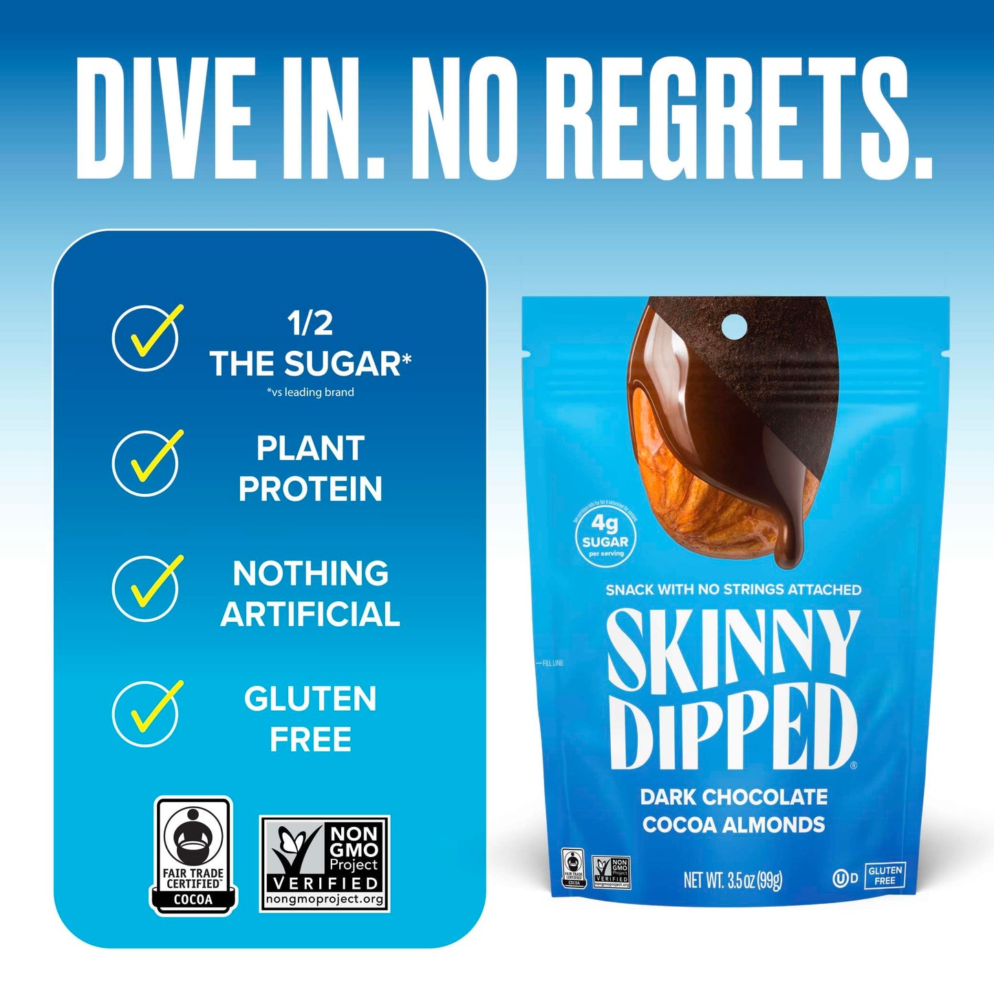 SkinnyDipped Dark Chocolate Cocoa Almonds, Healthy Snack, Plant Protein, Gluten Free, 3.5 Oz Resealable Bag, Pack of 1