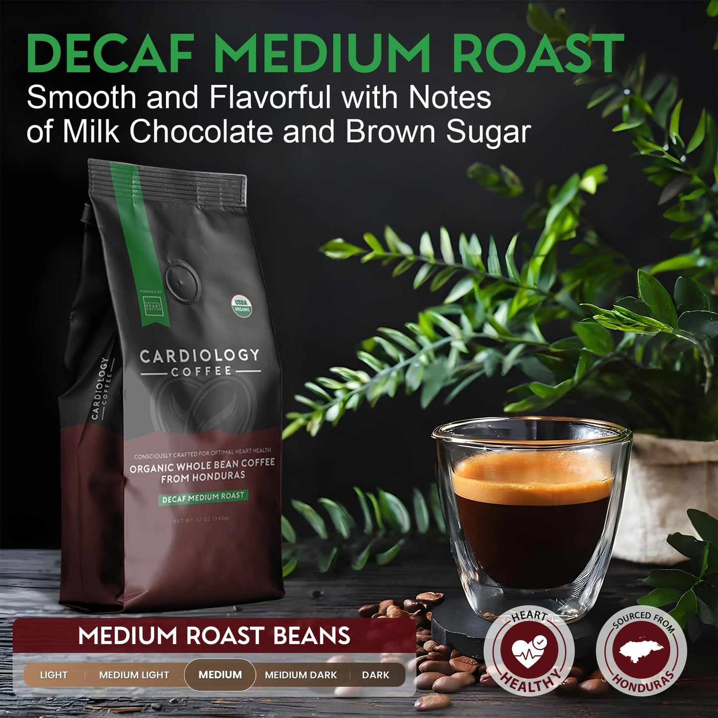 Cardiology Coffee - Medium Roast Decaf Coffee Beans - USDA Certified Organic, Mold Free 12oz Premium Whole Bean Coffee - Decaf Barista-Style Beans
