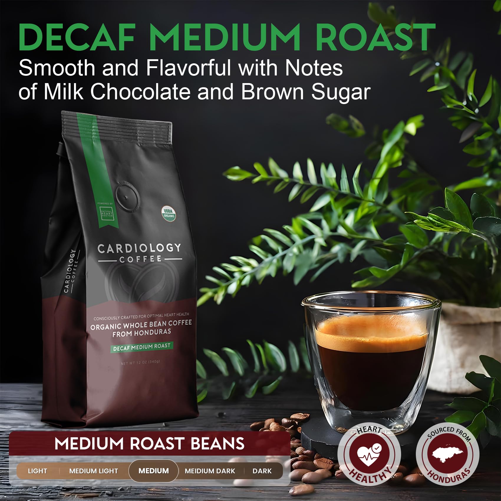 Cardiology Coffee - Medium Roast Decaf Coffee Beans - USDA Certified Organic, Mold Free 12oz Premium Whole Bean Coffee - Decaf Barista-Style Beans