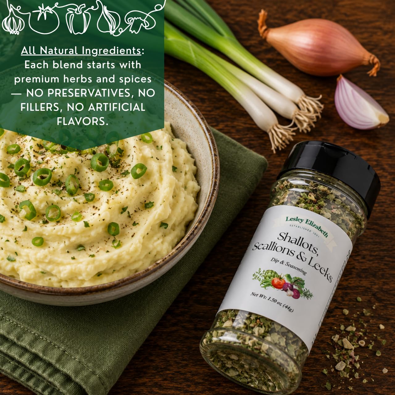 Lesley Elizabeth Shallots, Scallions & Leeks Seasoning - All-Purpose Dip & Herb Blend | Gourmet Onion Spice for Chicken, Vegetables, Seafood