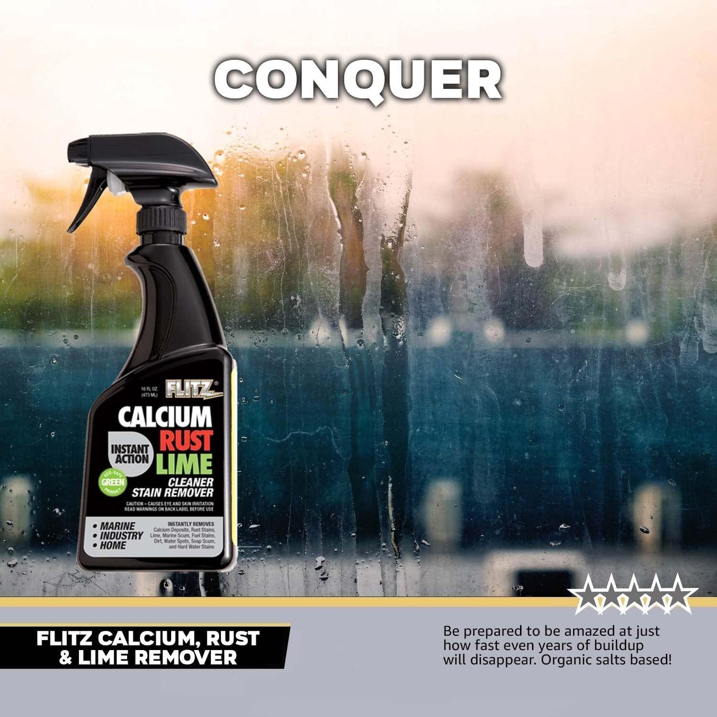 FLITZ Calcium, Rust, & Lime Remover - 16oz Bottle of USA-Made Limescale Remover for Toilets, Showers, and More - Powerful Spray that Instantly