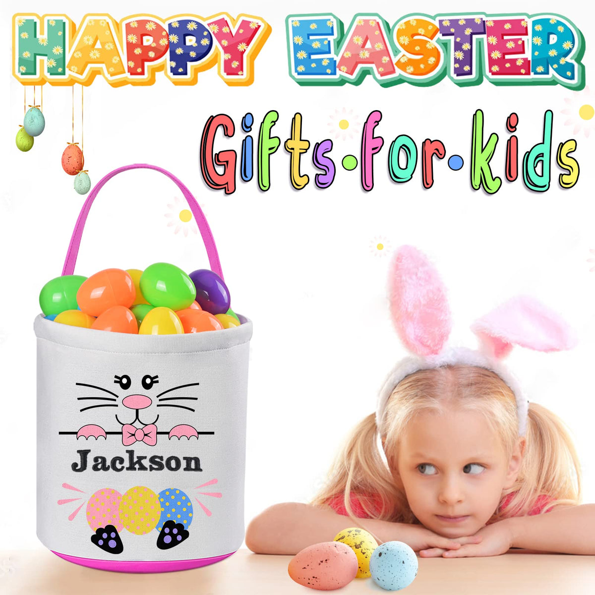 Personalized Easter Baskets for Kids, Touber 2 Pack Easter Bunny Basket Gifts Easter Eggs Hunt Baskets Personalized Easter Gifts Easter Baskets