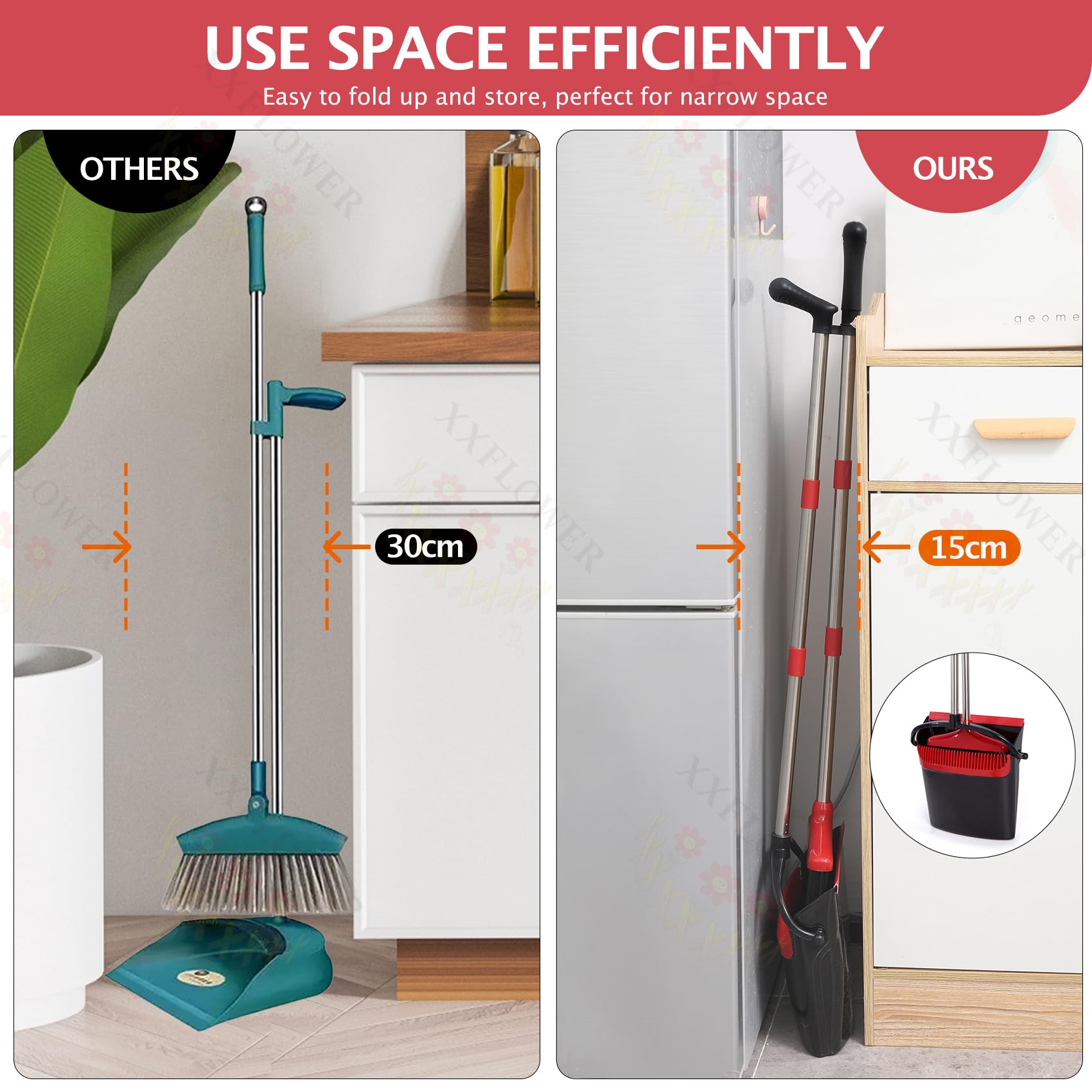 XXFLOWER Broom and Dustpan Set with Long Handle, Light Weight Stainless Steel Poles Stand Upright Dustpans with Broom Combo for Home Kitchen Office