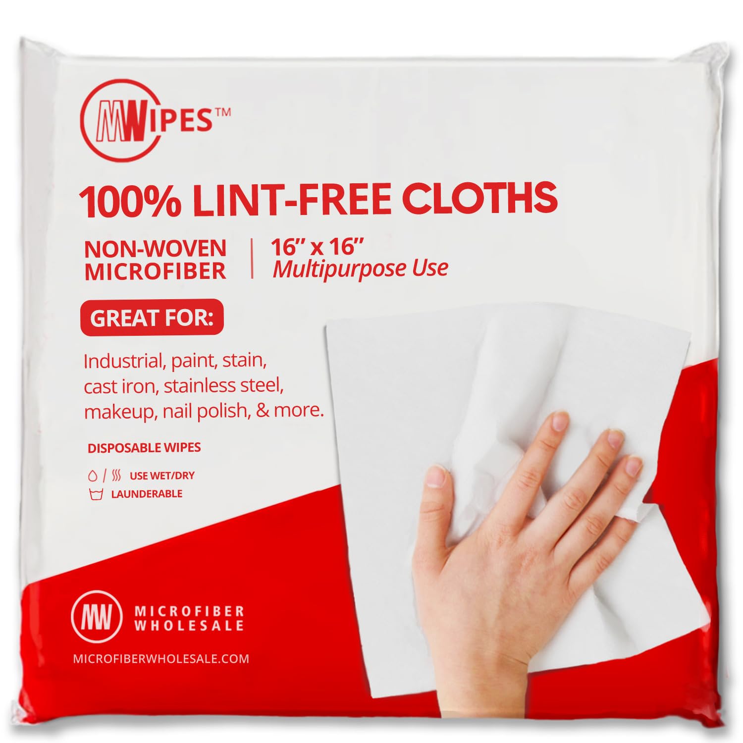 Mwipes Lint Free Cloth - 16" x 16" 50 Pack, Highly Absorbent Disposable Microfiber Cleaning Cloths for Industrial, Staining, Cast Iron, Woodworking
