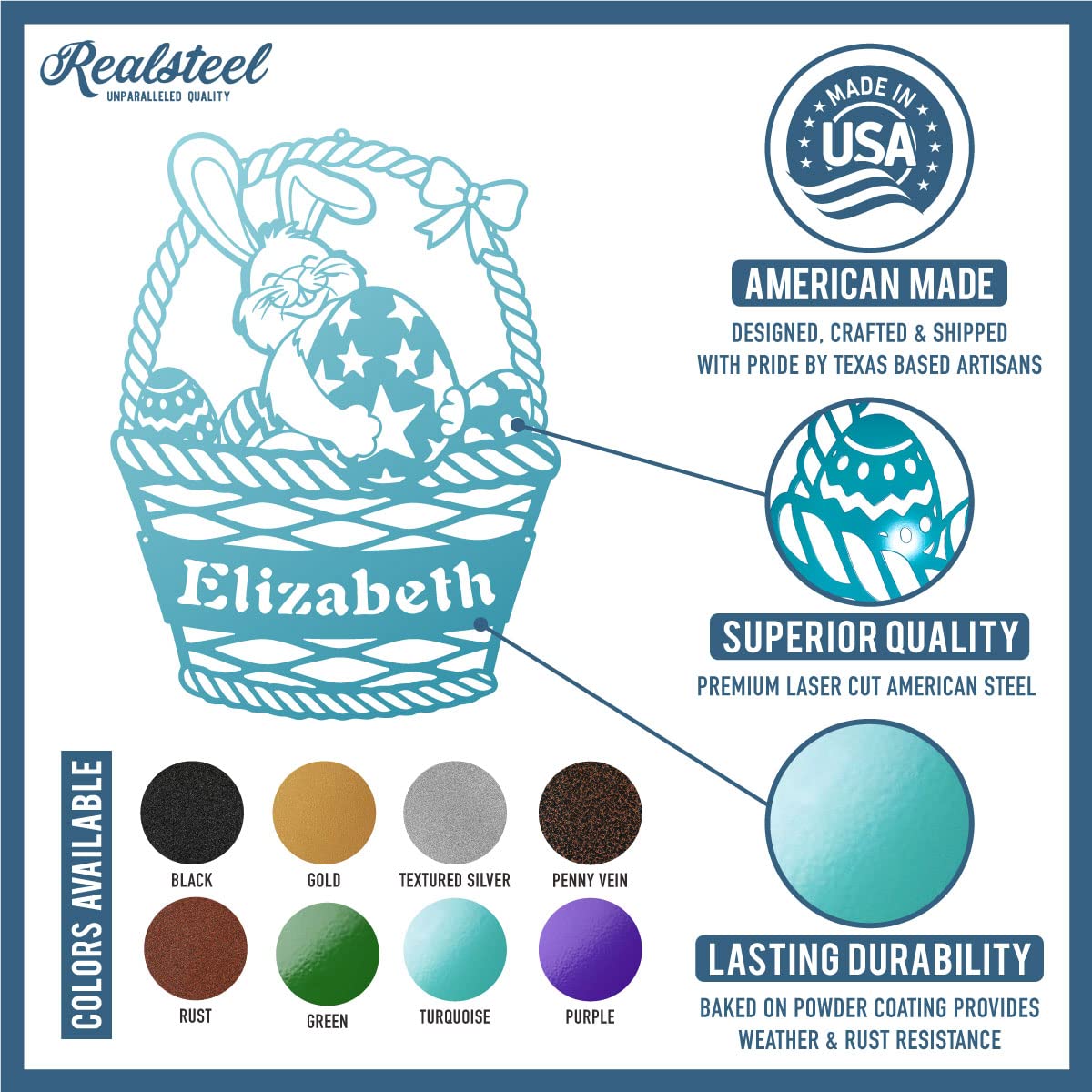 RealSteel Easter Bunny Monogram Metal Wall Art - Personalized Rabbit & Easter Egg Basket Sign - Custom Spring Home Decorations - Nursery Wall Décor