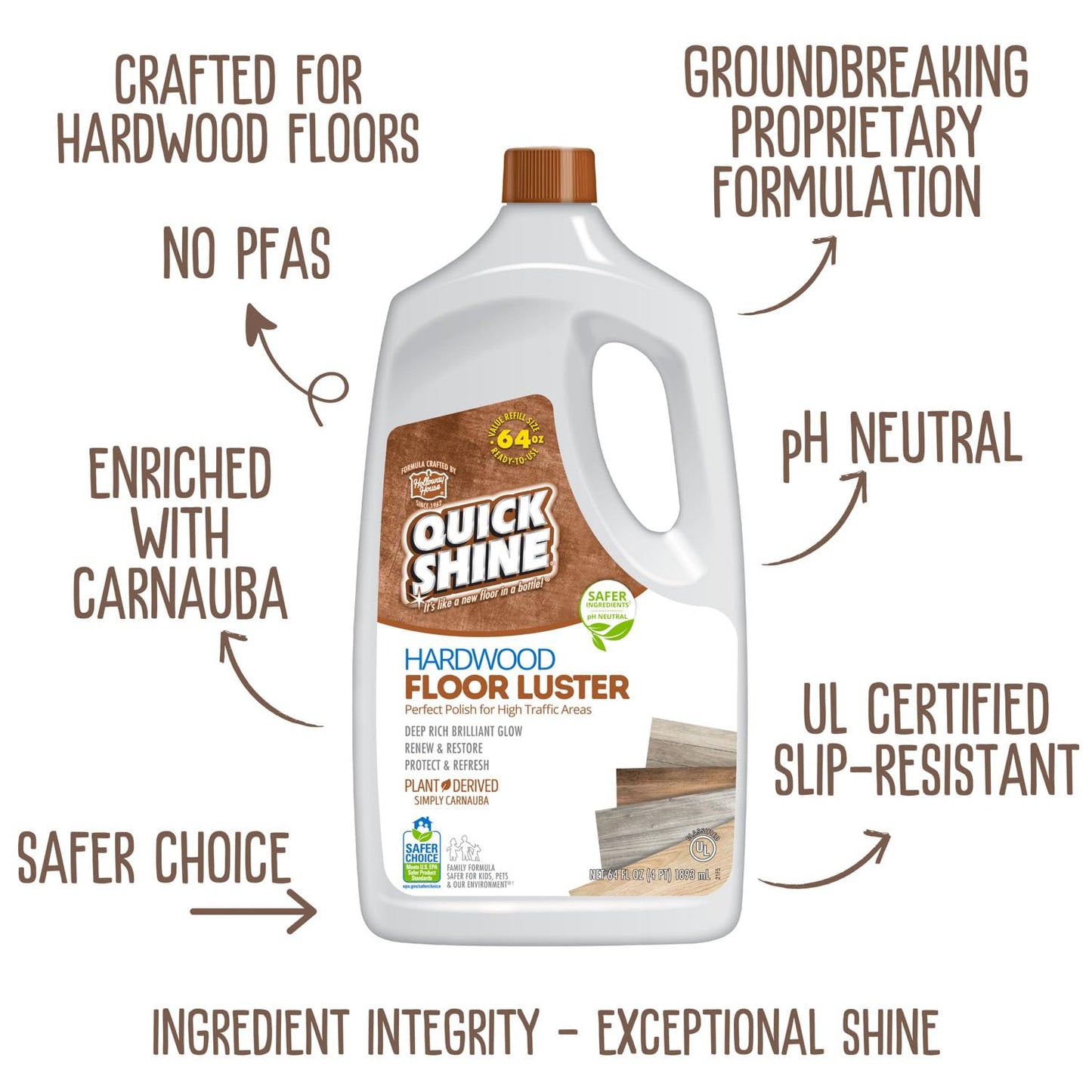 Quick Shine Hardwood Floor Luster-Polish 64oz | Plant-Derived w/Carnauba | Safer Choice, No PFAS, pH Neutral | Ready to Use Formula w/Anti-Slip